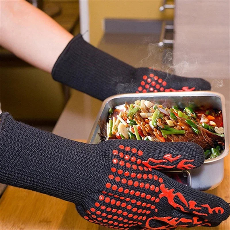 Flame Retardant Non-slip BBQ Fire Gloves Microwave Oven Gloves Oven Mitts Fireproof 300-500 Centigrade Extreme Heat Resistant