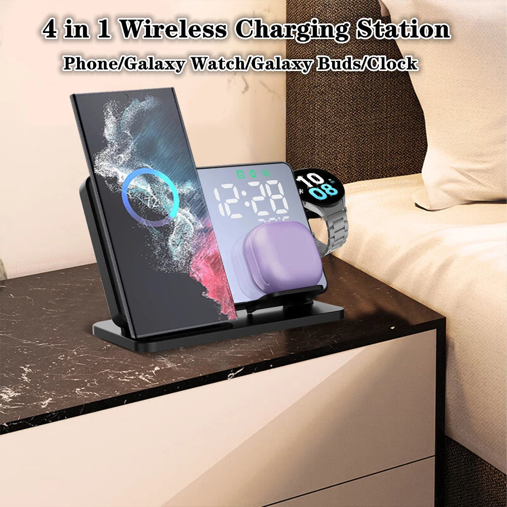 3 in 1 Wireless Charger For Samsung Galaxy Watch 6 5 Pro Fast Charging Station For Galaxy S24 S23 S22 Alarm Clock Chargers Stand