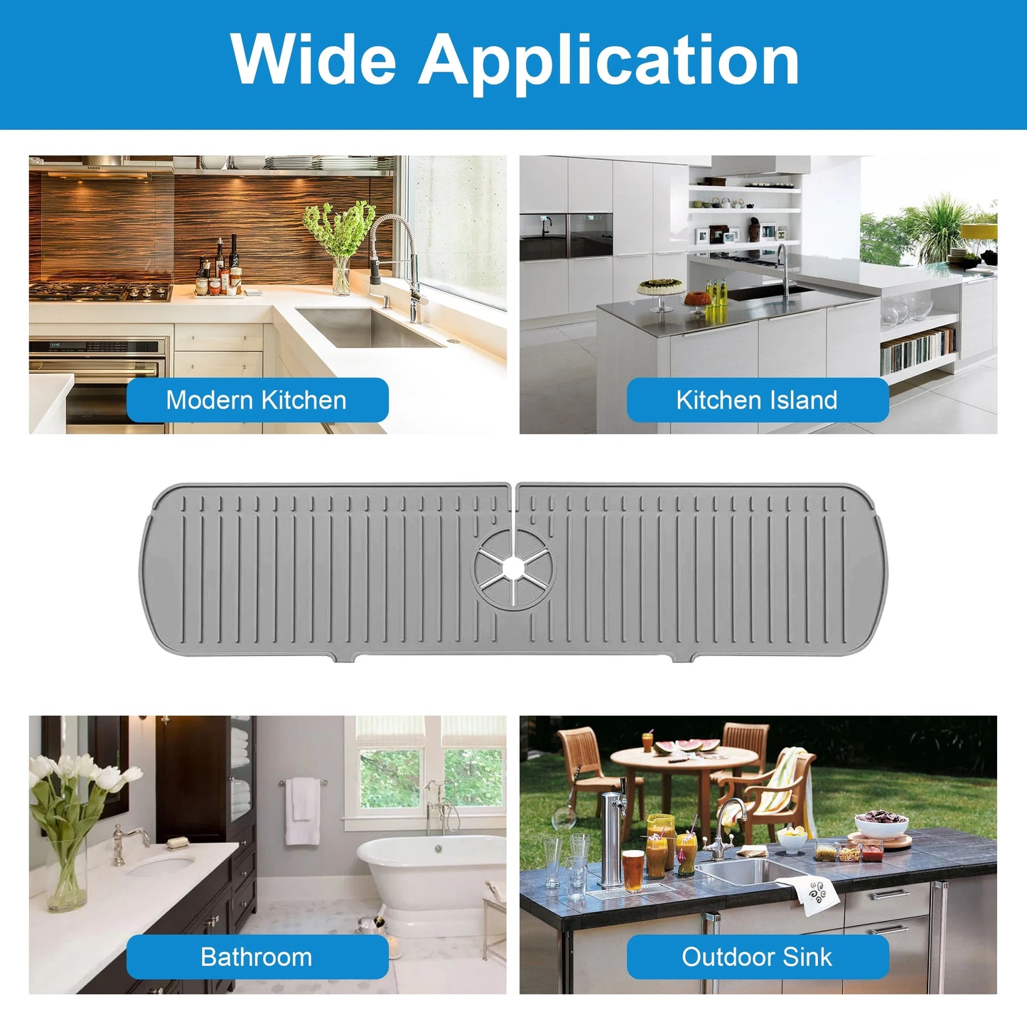 Kitchen Sink Splash Guard, 24Inch Silicone Faucet Handle Drip Catcher Tray Mat, Dish Soap Dispenser Sponge Holder, Sink Accessories for Kitchen Counter and Bathroom, Gray/Off White