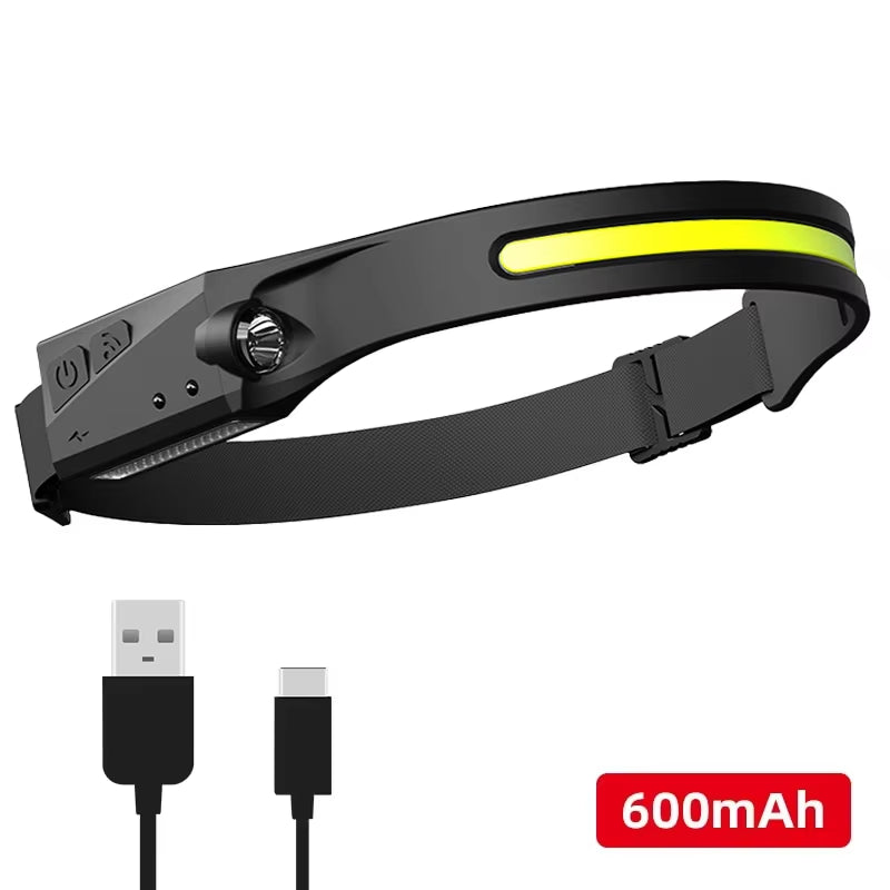 Induction Headlamp with Sensor - USB Rechargeable COB LED Headlight, 5 Modes Hands-Free Head Torch for Running & Camping