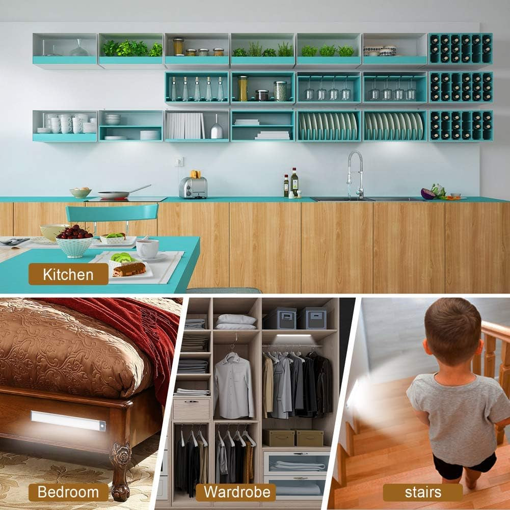 Under Cabinet Lights, 2 Pack Wireless Motion Sensor Closet Light with USB-C Rechargeable 2200Mah Battery, Magnetic Mount for Kitchen, Hallway & Stairs — Ultra-Bright Cool White LED Lighting