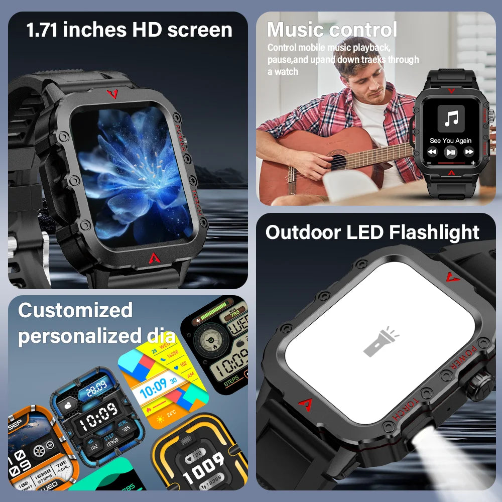 New Smart Watch with LED Flashlight Outdoor Sports Smart Watch Wristwatch Health Monitoring Smart Watch