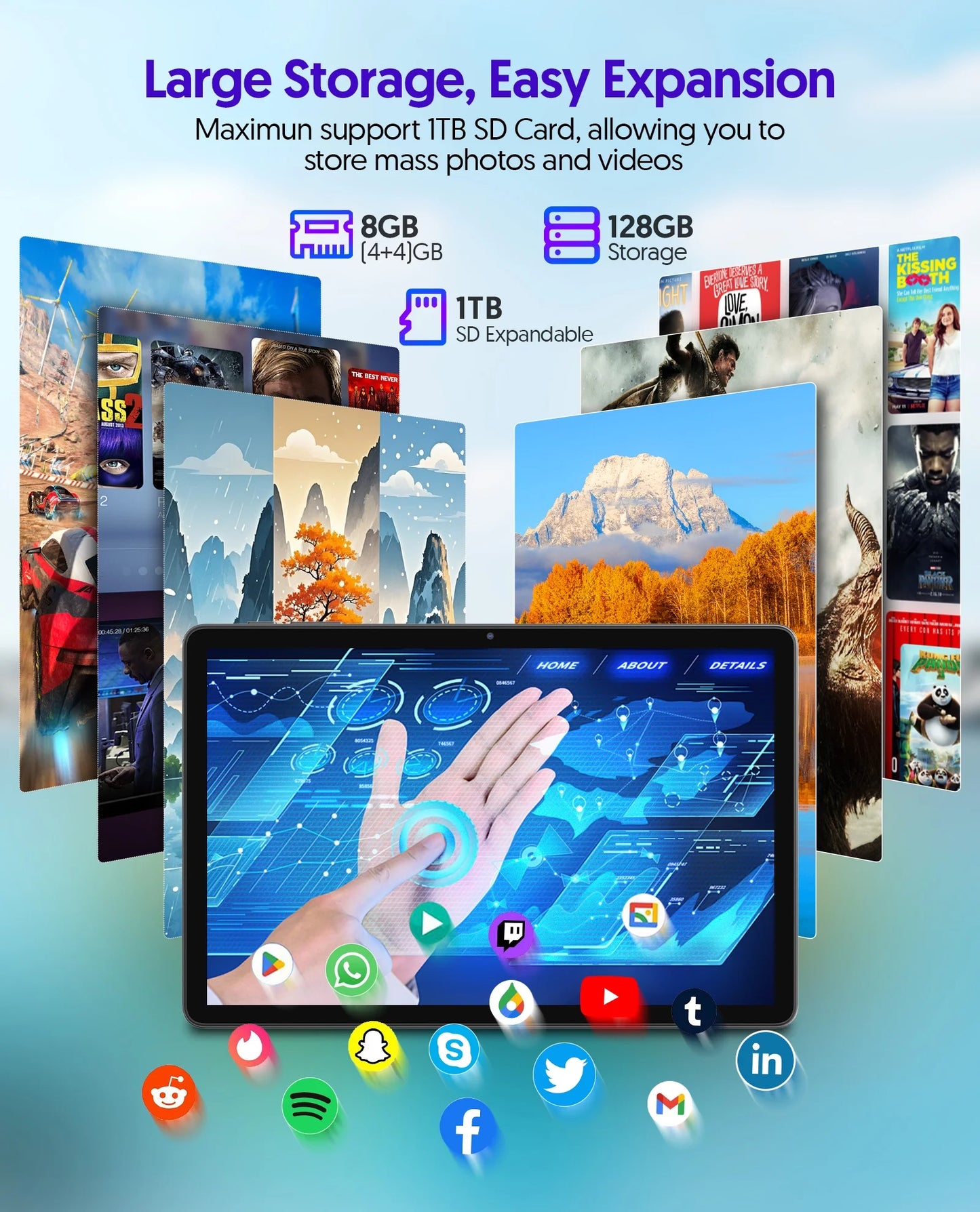 Android Tablet with Keyboard, 10 Inch Android 14 Tablet, T606 Octa Core 8GB+128GB+1TB Expand,8000Mah Battery,5G Wifi 6, Bluetooth,2+8Mp Dual Camera, 2 in 1 Tablet with Keyboard, Mouse, Case, Stylus