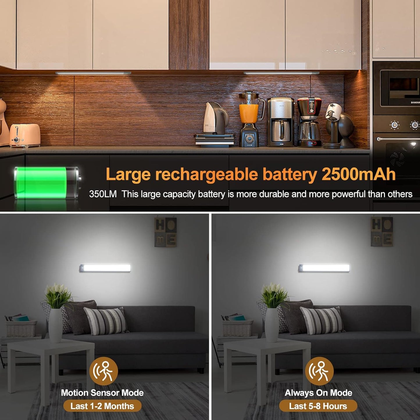 Under Cabinet Lights, 2 Pack Wireless Motion Sensor Closet Light with USB-C Rechargeable 2200Mah Battery, Magnetic Mount for Kitchen, Hallway & Stairs — Ultra-Bright Cool White LED Lighting