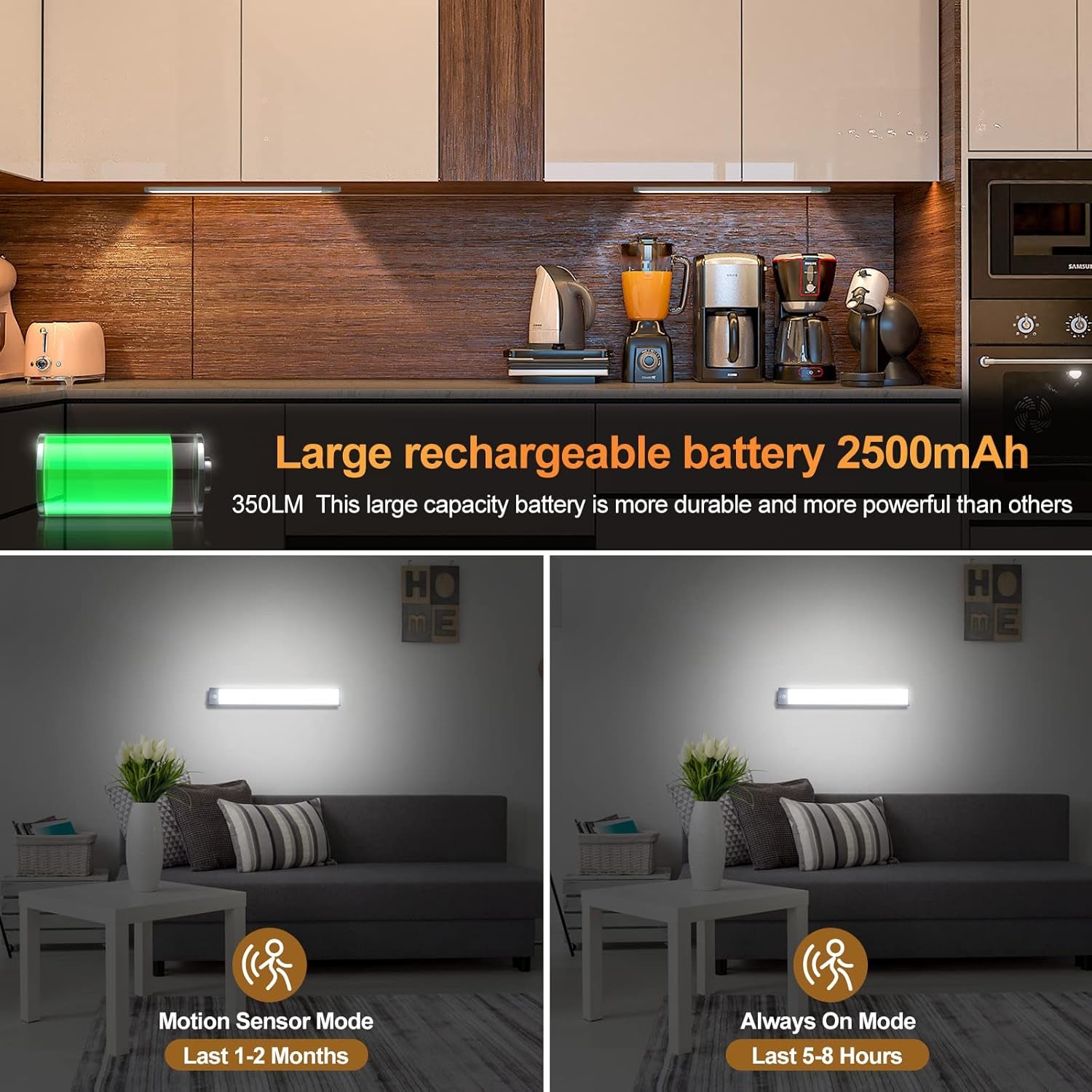 Under Cabinet Lights, 2 Pack Wireless Motion Sensor Closet Light with USB-C Rechargeable 2200Mah Battery, Magnetic Mount for Kitchen, Hallway & Stairs — Ultra-Bright Cool White LED Lighting