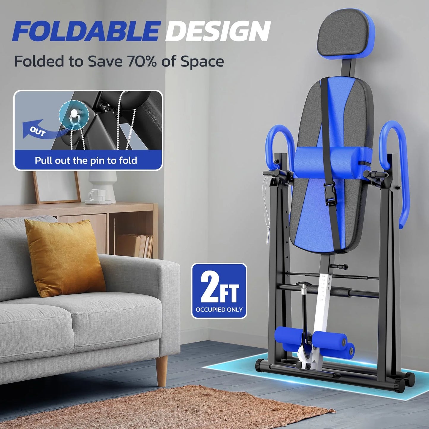 Heavy Duty Inversion Table, 300Lb Capacity Back Therapy Reflexology Heavy Duty Foldable Steel Back Stretcher Machine  Table ,Blue