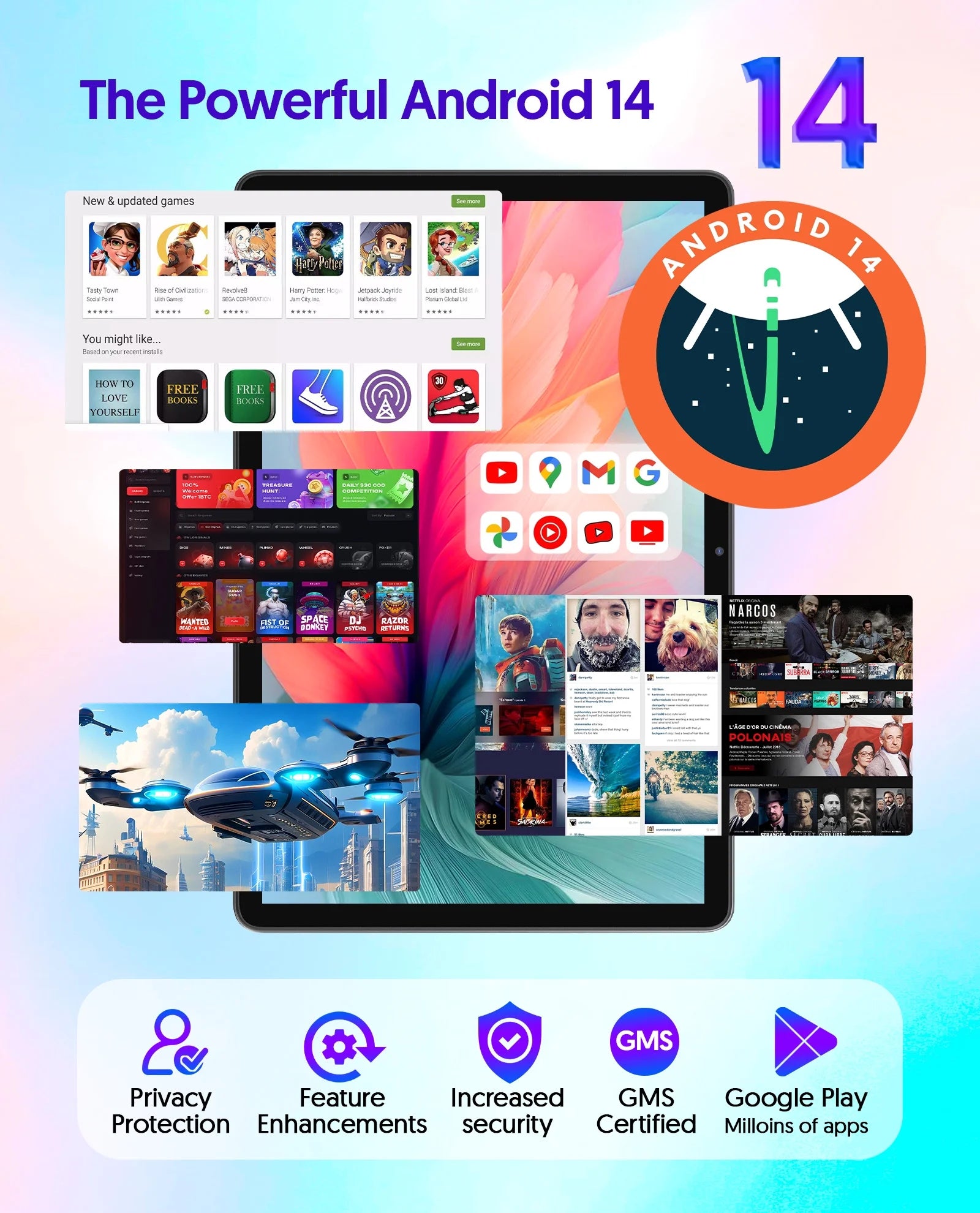 Android Tablet with Keyboard, 10 Inch Android 14 Tablet, T606 Octa Core 8GB+128GB+1TB Expand,8000Mah Battery,5G Wifi 6, Bluetooth,2+8Mp Dual Camera, 2 in 1 Tablet with Keyboard, Mouse, Case, Stylus