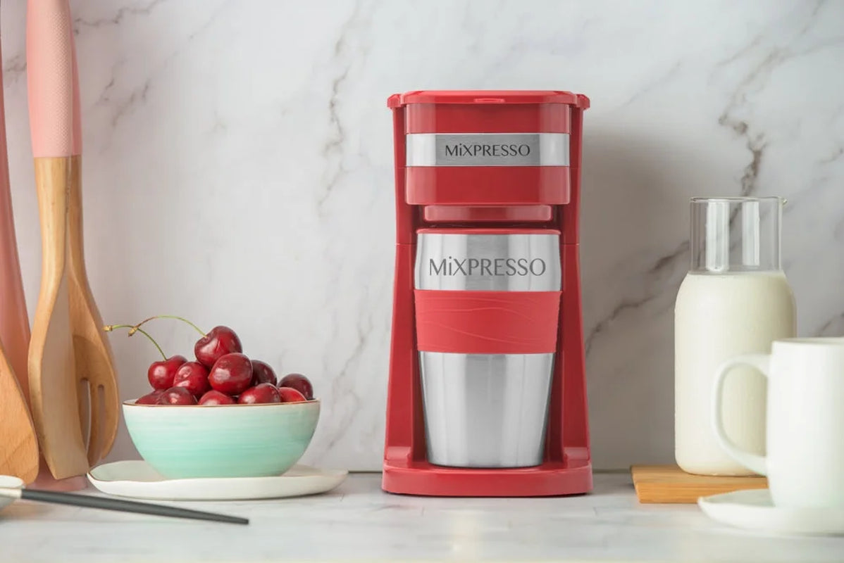 Personal Single-Serve Coffee Maker & 14Oz Travel Mug, Drip Small Coffee Maker & Tumbler, Auto Shut off & Reusable Filter, Red Coffee Maker Compatible with Coffee Grounds