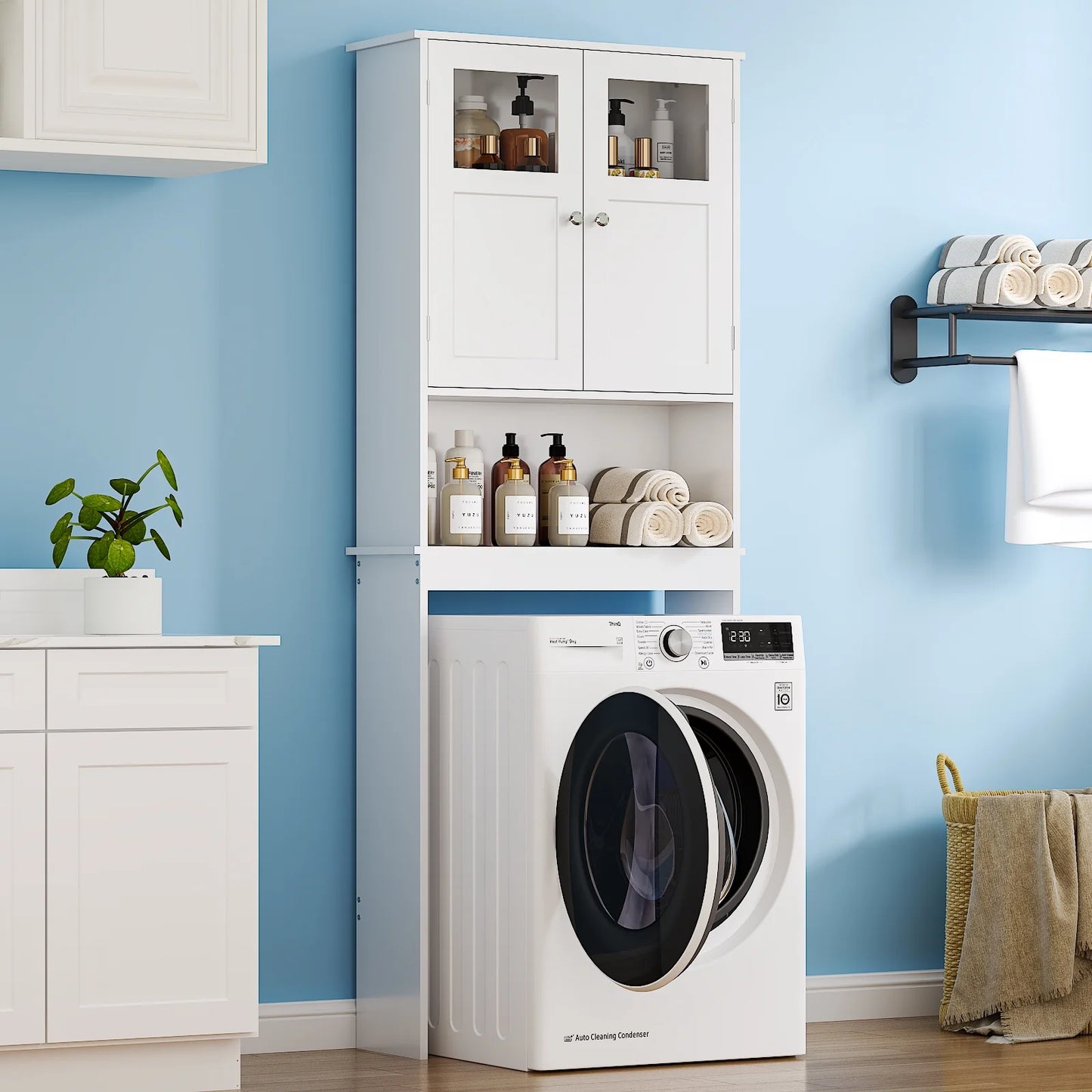 over the Toilet Bathroom Storage Cabinet with 2 Doors & 3 Storage Shelves Space Saver, White