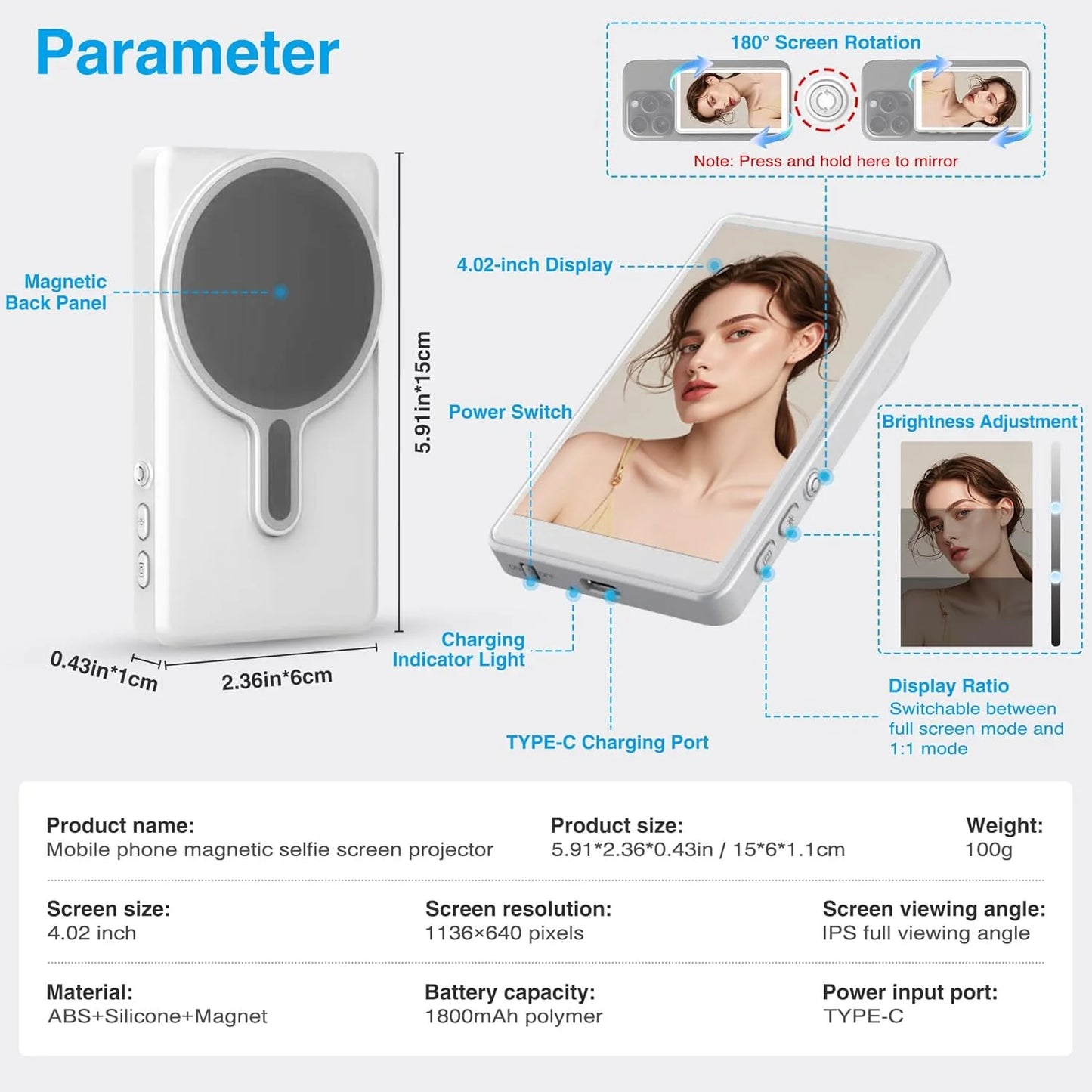 Vlog Selfie Monitor Screen with Wireless&Remote Control 1800Mah Battery, Back Camera Monito for Iphone & Android Phone,Selfie Monitor Screen Phone