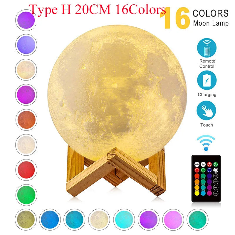 Levitating Moon Lamp Night Light Floating 3D Printing LED Moon Lamp with Wooden Base and Magnetic with 3 Colors