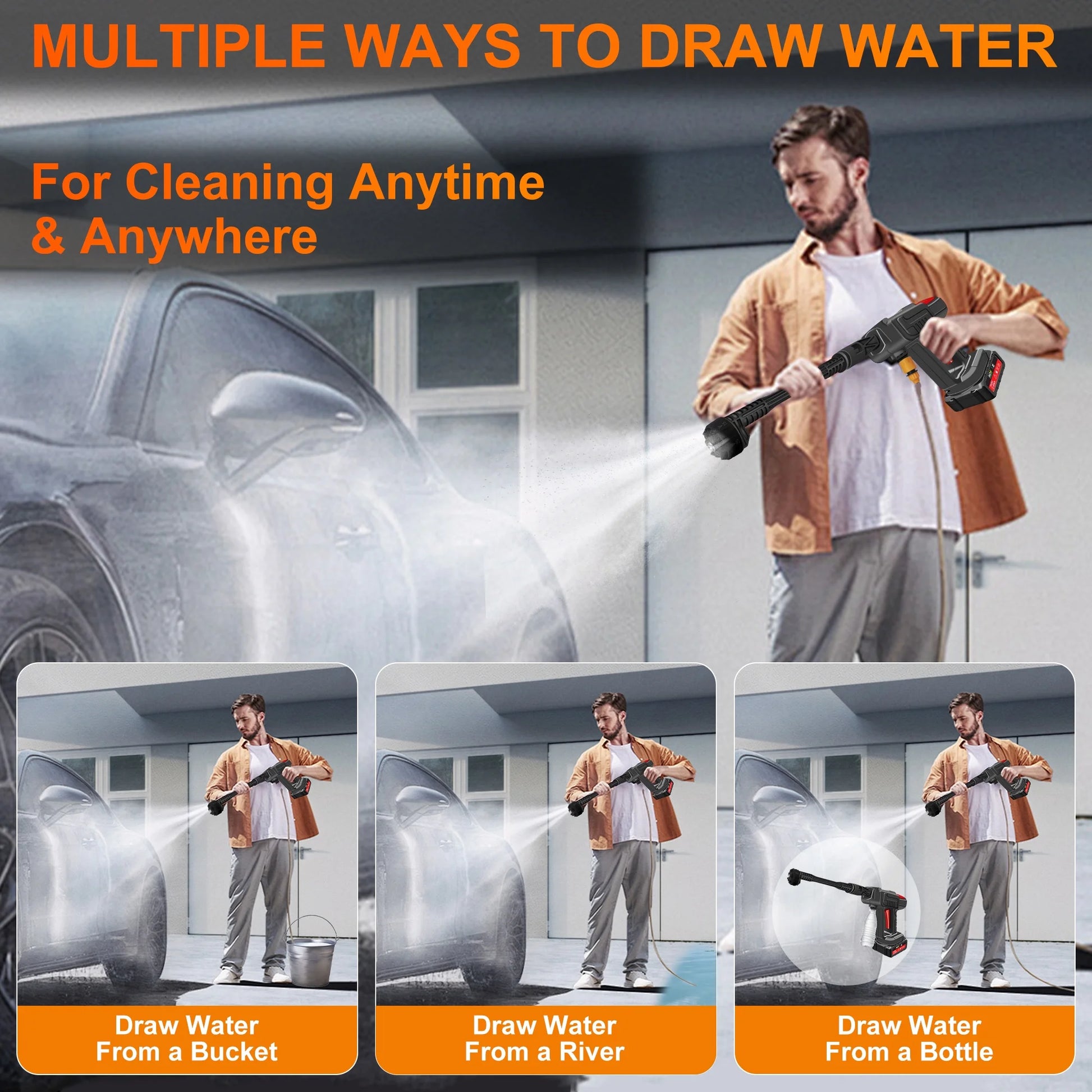 Powerful 970PSI Cordless Pressure Washer - 6-in-1 Nozzle, 2-3 hrs Runtime