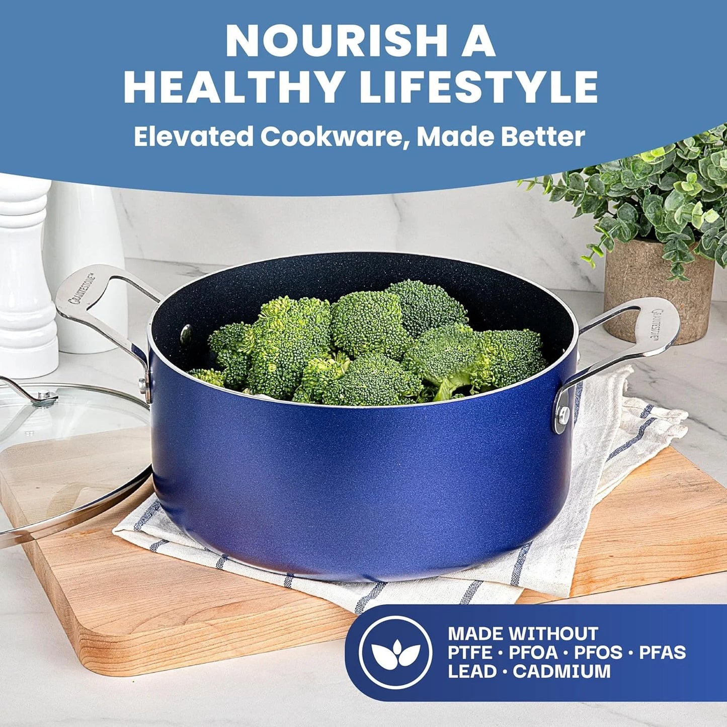 15 Pc Kitchen Pots and Pans Set Non Stick, Pot and Pan Set with Bakeware Set, Nonstick Cookware Set, Diamond Coated Non Stick Bakeware Set, Dishwasher Safe - Blue