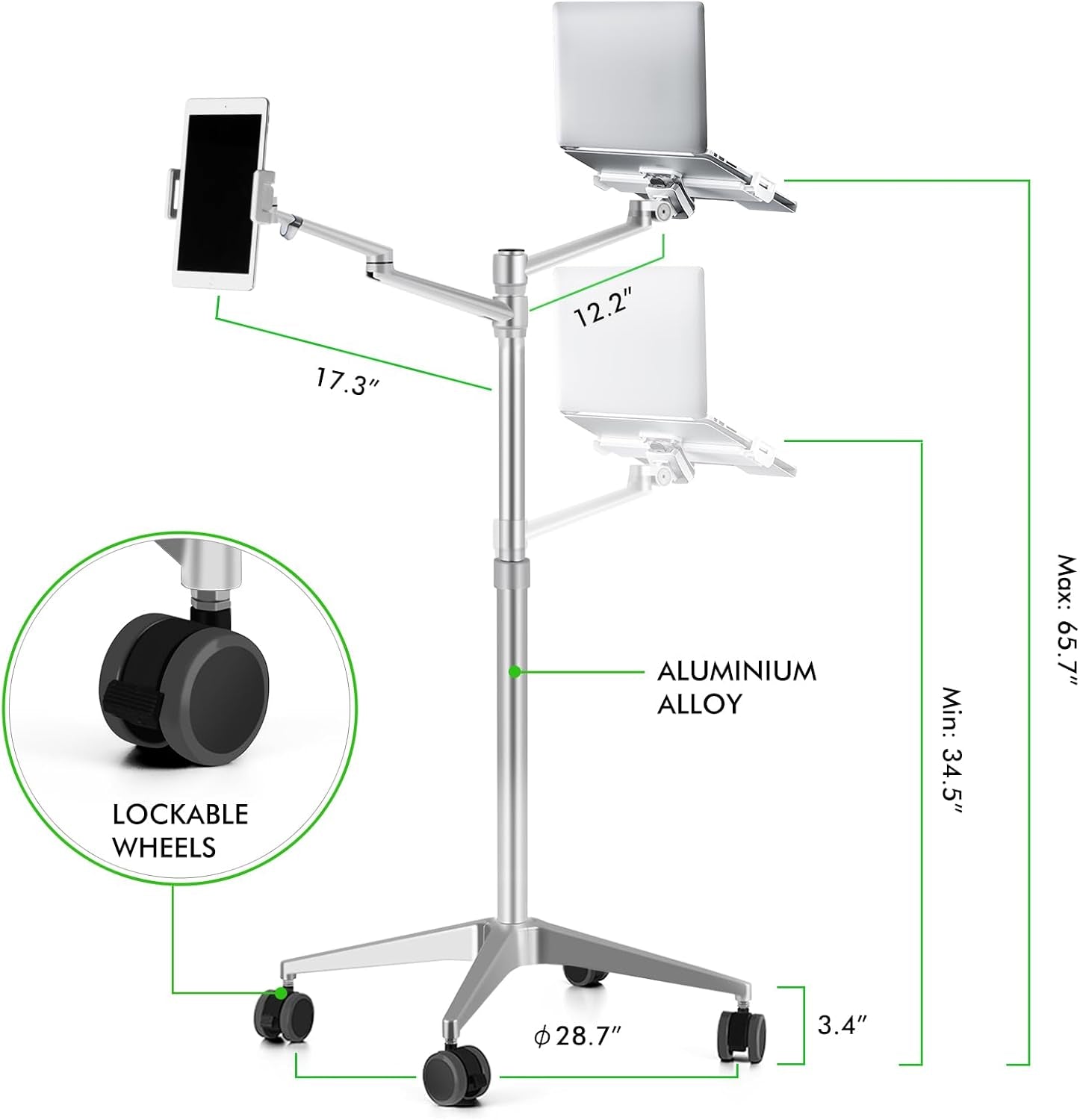 Tablet and Laptop Floor Stand, 2-In-1 Rolling Adjustable Dual Arm, Compatible with 4.5~13'' Phone and Tablet Compatible with Iphone, Ipad Pro, Ipad, Extra Tray Fits 12 to 17'' Laptop/Notebook S