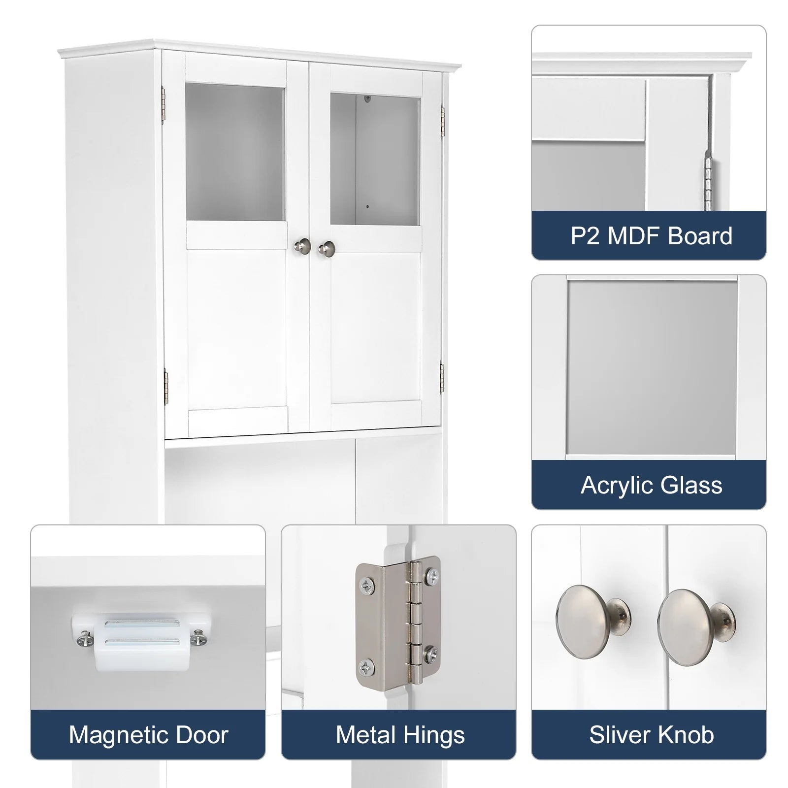 over the Toilet Bathroom Storage Cabinet with 2 Doors & 3 Storage Shelves Space Saver, White