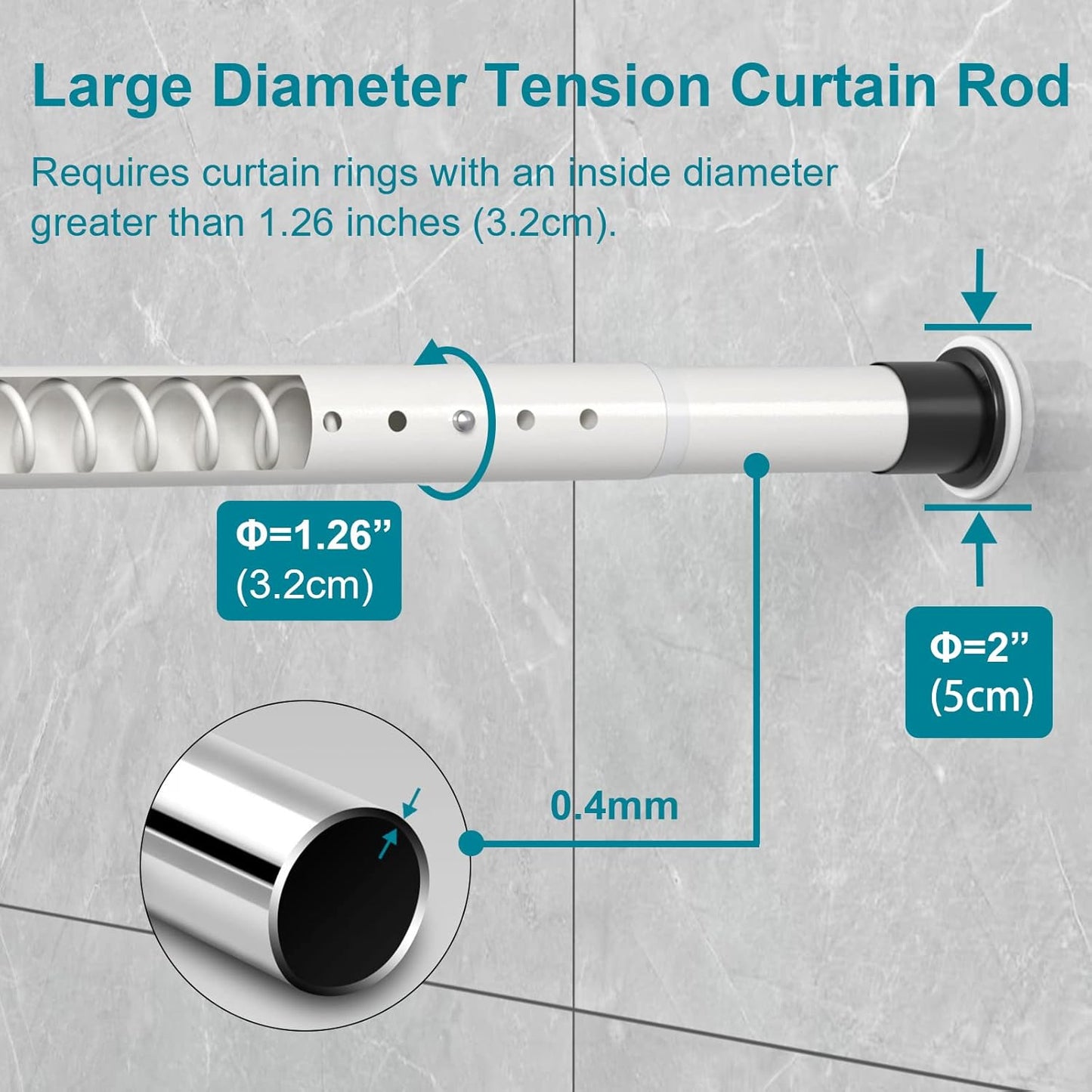 Room Divider Tension Curtain Rod Long / 141.7-161.4 Inches Large No Drilling Adjustable Window Curtain Rod for Bathroom, Shower Indoor Decor/Cream White