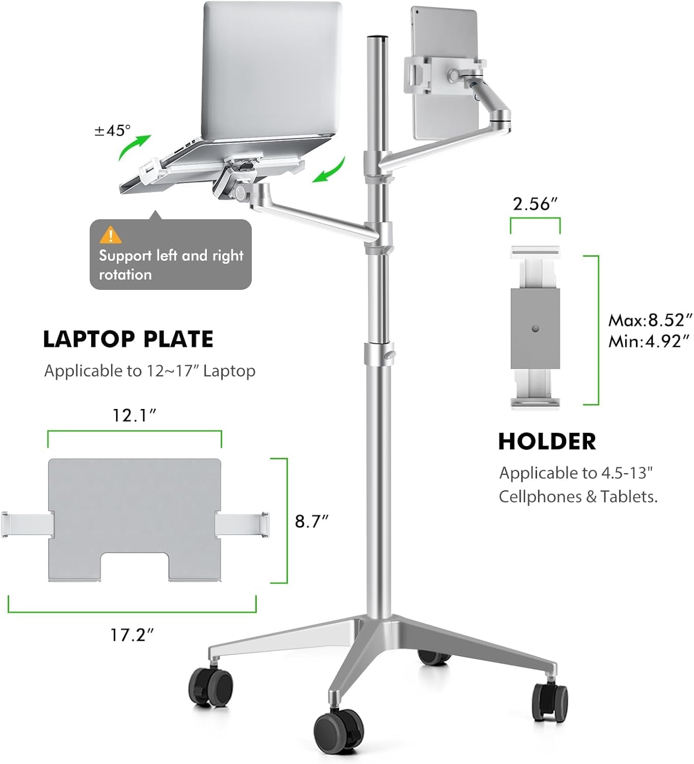 Tablet and Laptop Floor Stand, 2-In-1 Rolling Adjustable Dual Arm, Compatible with 4.5~13'' Phone and Tablet Compatible with Iphone, Ipad Pro, Ipad, Extra Tray Fits 12 to 17'' Laptop/Notebook S