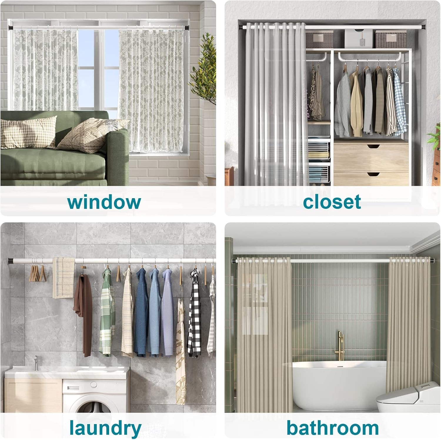 Room Divider Tension Curtain Rod Long / 141.7-161.4 Inches Large No Drilling Adjustable Window Curtain Rod for Bathroom, Shower Indoor Decor/Cream White