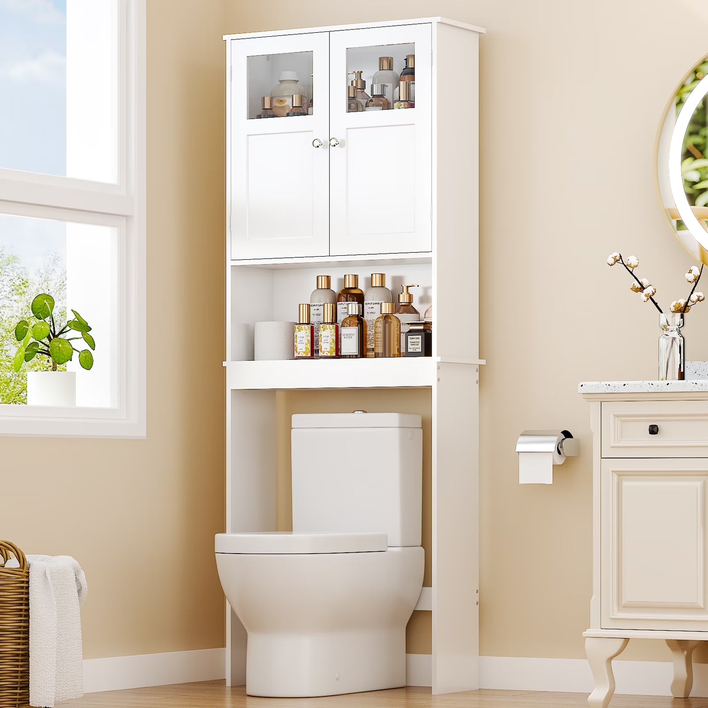 over the Toilet Bathroom Storage Cabinet with 2 Doors & 3 Storage Shelves Space Saver, White