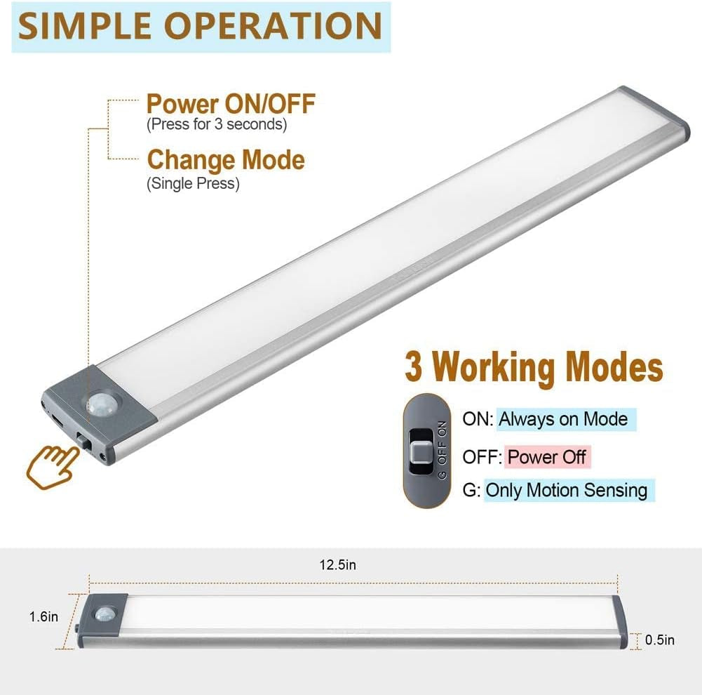 Under Cabinet Lights, 2 Pack Wireless Motion Sensor Closet Light with USB-C Rechargeable 2200Mah Battery, Magnetic Mount for Kitchen, Hallway & Stairs — Ultra-Bright Cool White LED Lighting