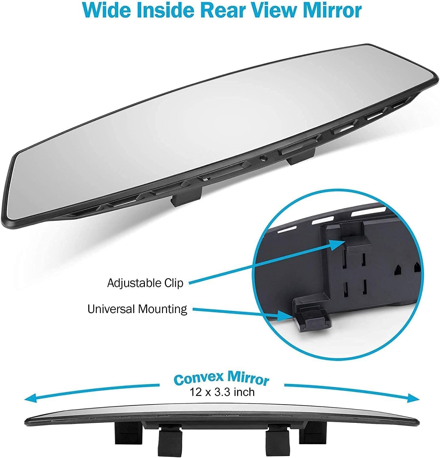 Universal Panoramic 12-Inch Rear View Mirror, Anti-Glare Wide Angle Car Mirror, Rearview Mirrors Accessory for Baby Rear-Facing, Tint Flat Mirrors for Cars and Suvs.