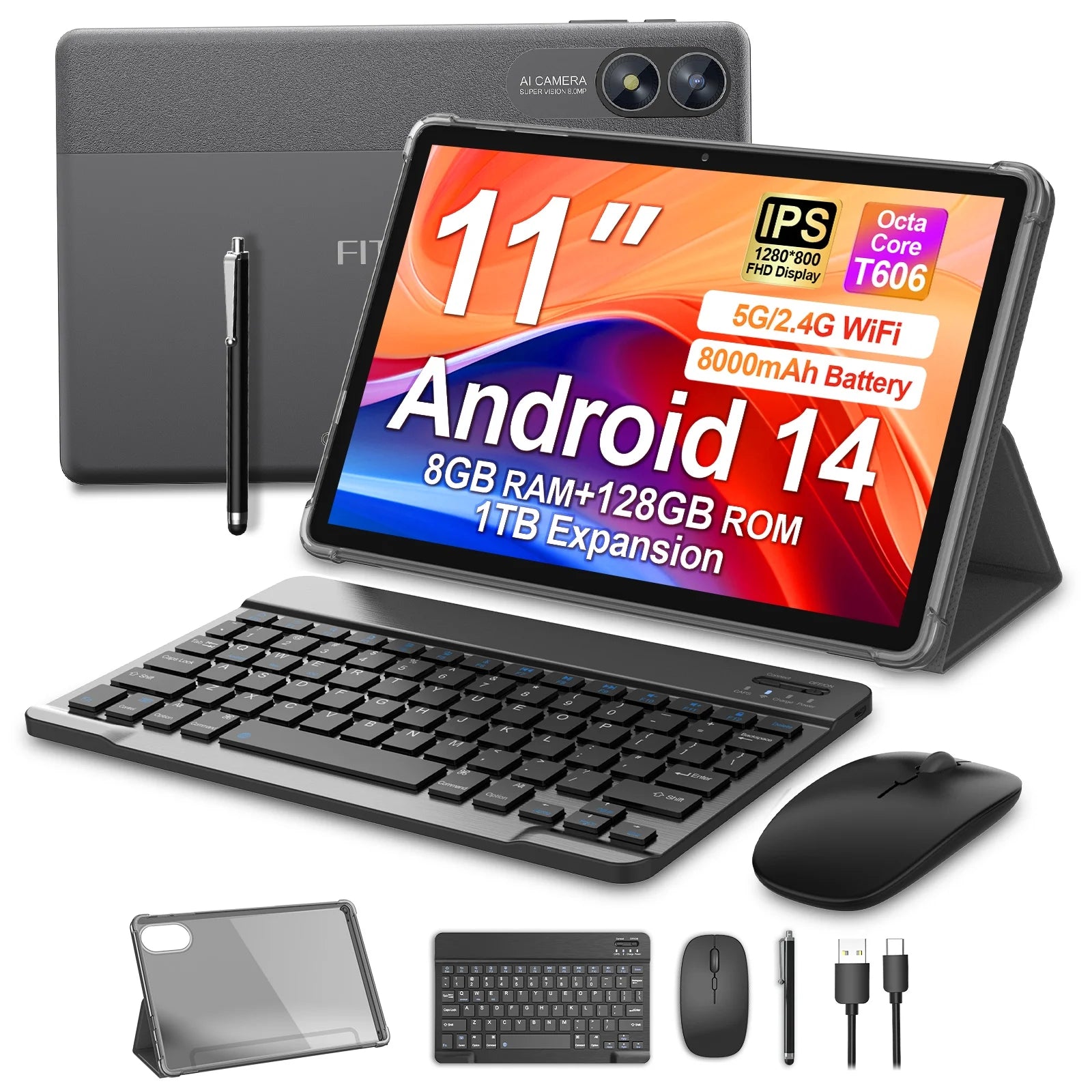 Android Tablet with Keyboard, 10 Inch Android 14 Tablet, T606 Octa Core 8GB+128GB+1TB Expand,8000Mah Battery,5G Wifi 6, Bluetooth,2+8Mp Dual Camera, 2 in 1 Tablet with Keyboard, Mouse, Case, Stylus