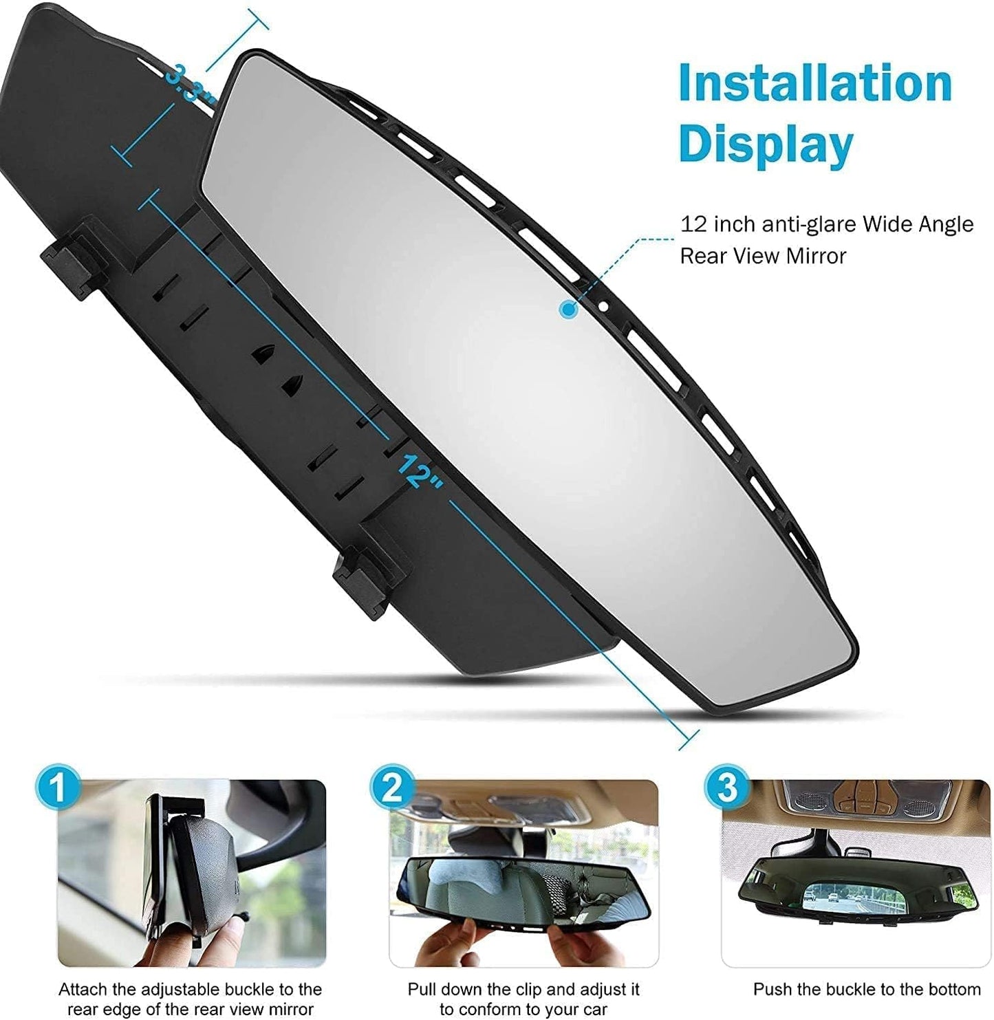 Universal Panoramic 12-Inch Rear View Mirror, Anti-Glare Wide Angle Car Mirror, Rearview Mirrors Accessory for Baby Rear-Facing, Tint Flat Mirrors for Cars and Suvs.