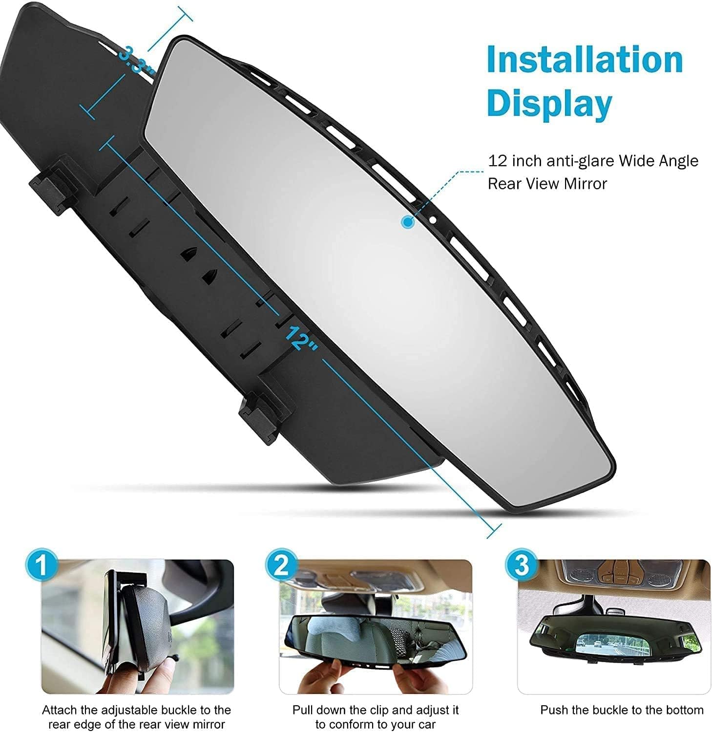 Universal Panoramic 12-Inch Rear View Mirror, Anti-Glare Wide Angle Car Mirror, Rearview Mirrors Accessory for Baby Rear-Facing, Tint Flat Mirrors for Cars and Suvs.