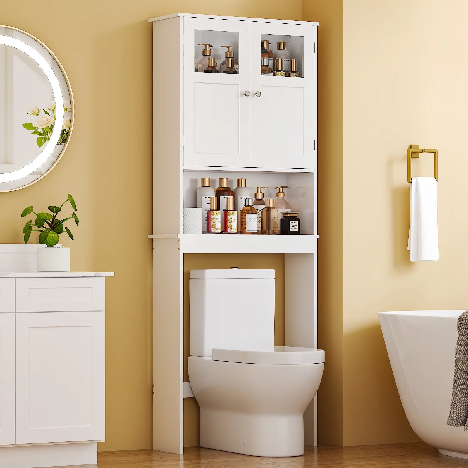 over the Toilet Bathroom Storage Cabinet with 2 Doors & 3 Storage Shelves Space Saver, White