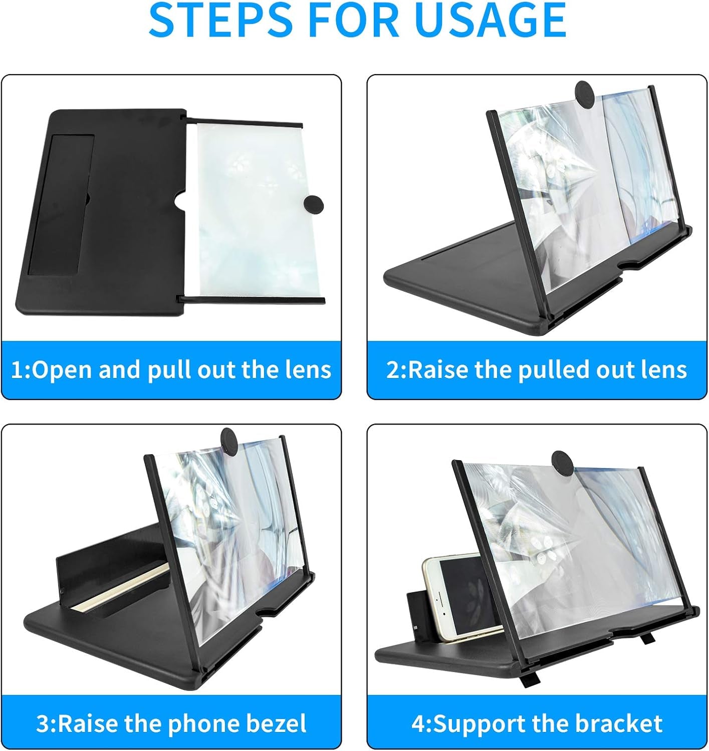 For 14 Inch Phone Screen Magnifier, HD Mobile Phone Screen Amplifier Pulling-Out Movie Video Enlarger Eye Protection with Foldable Stand Holder for All Smartphones-Black