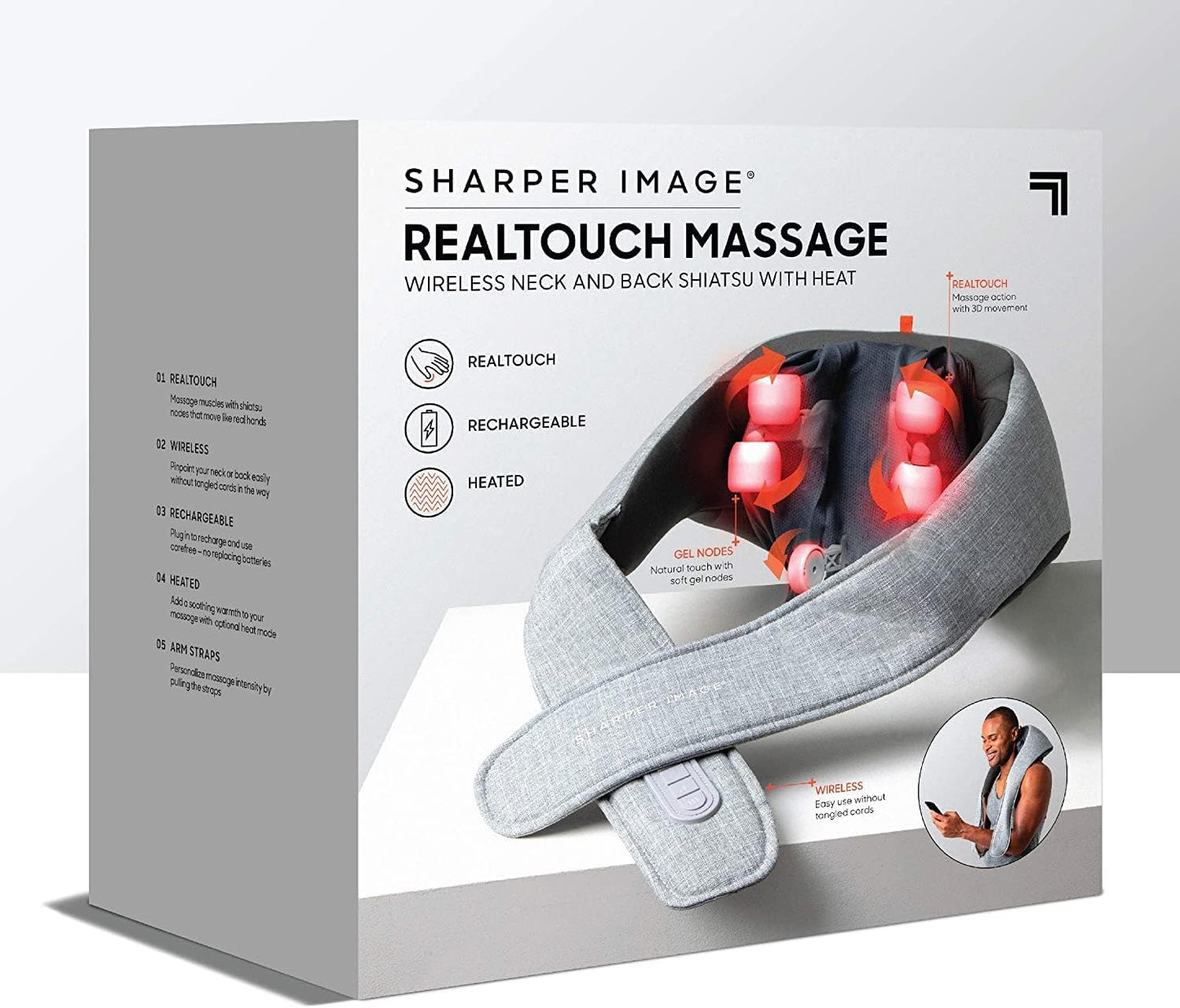 Realtouch Shiatsu Massager, Warming Heat Soothes Sore Muscles, Wireless & Rechargeable - Best Massager for Neck Back Shoulders Feet Legs, Kneading Massage Pillow, Pain Relief Gift