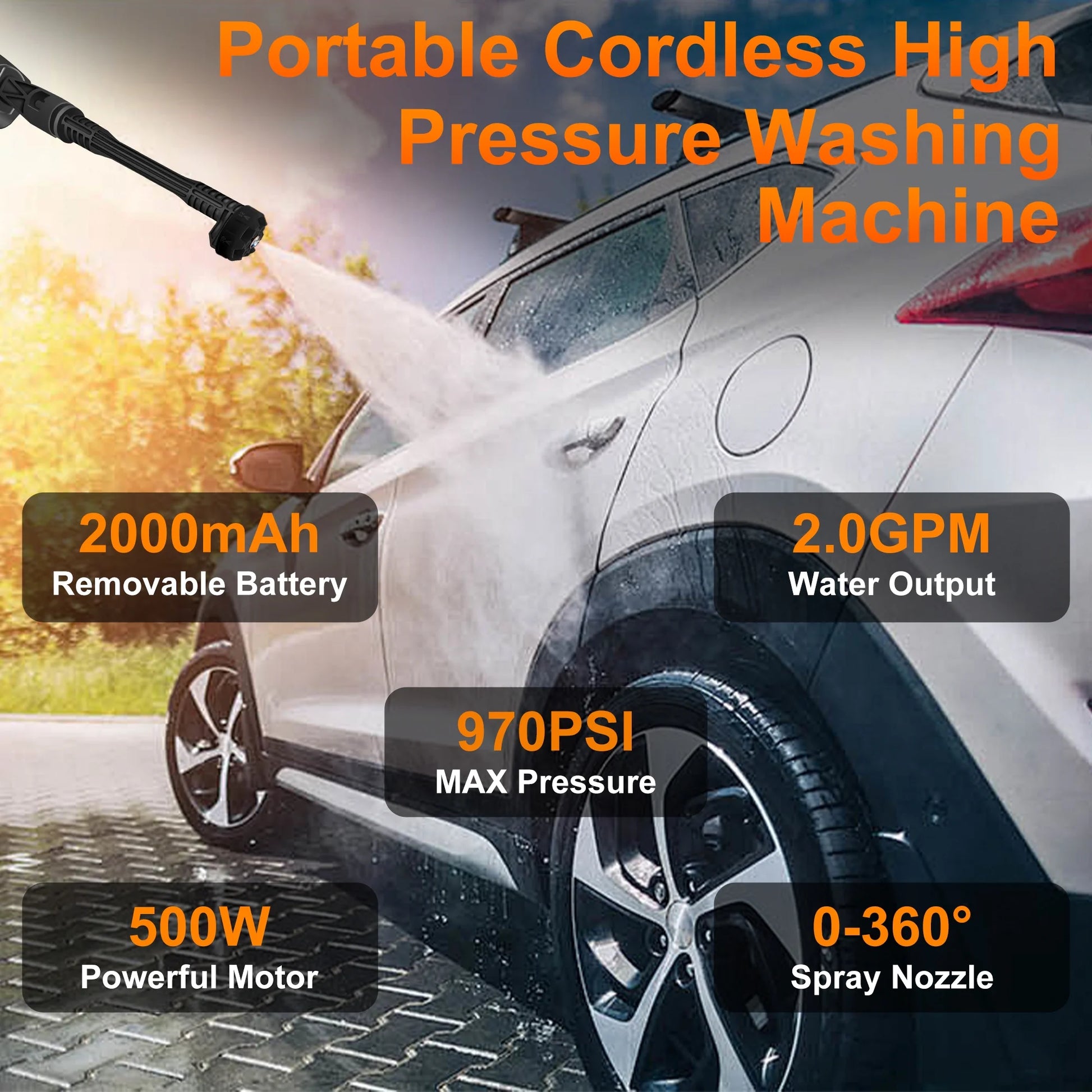 Powerful 970PSI Cordless Pressure Washer - 6-in-1 Nozzle, 2-3 hrs Runtime