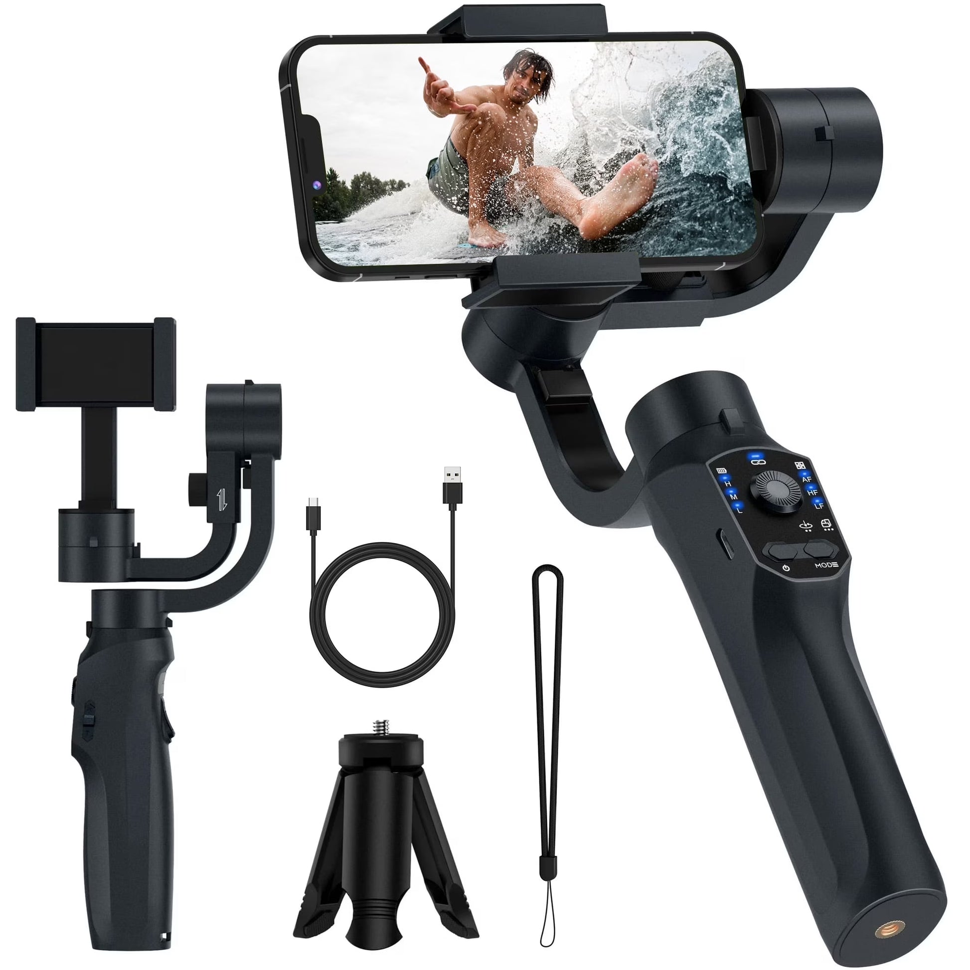 Gimbal Stabilizer for Smartphone, 3-Axis Gimbal Gimbal for Iphone and Android, Portable and Foldable Phone Stabilizer for Video Recording with Face,Black, 1 Count