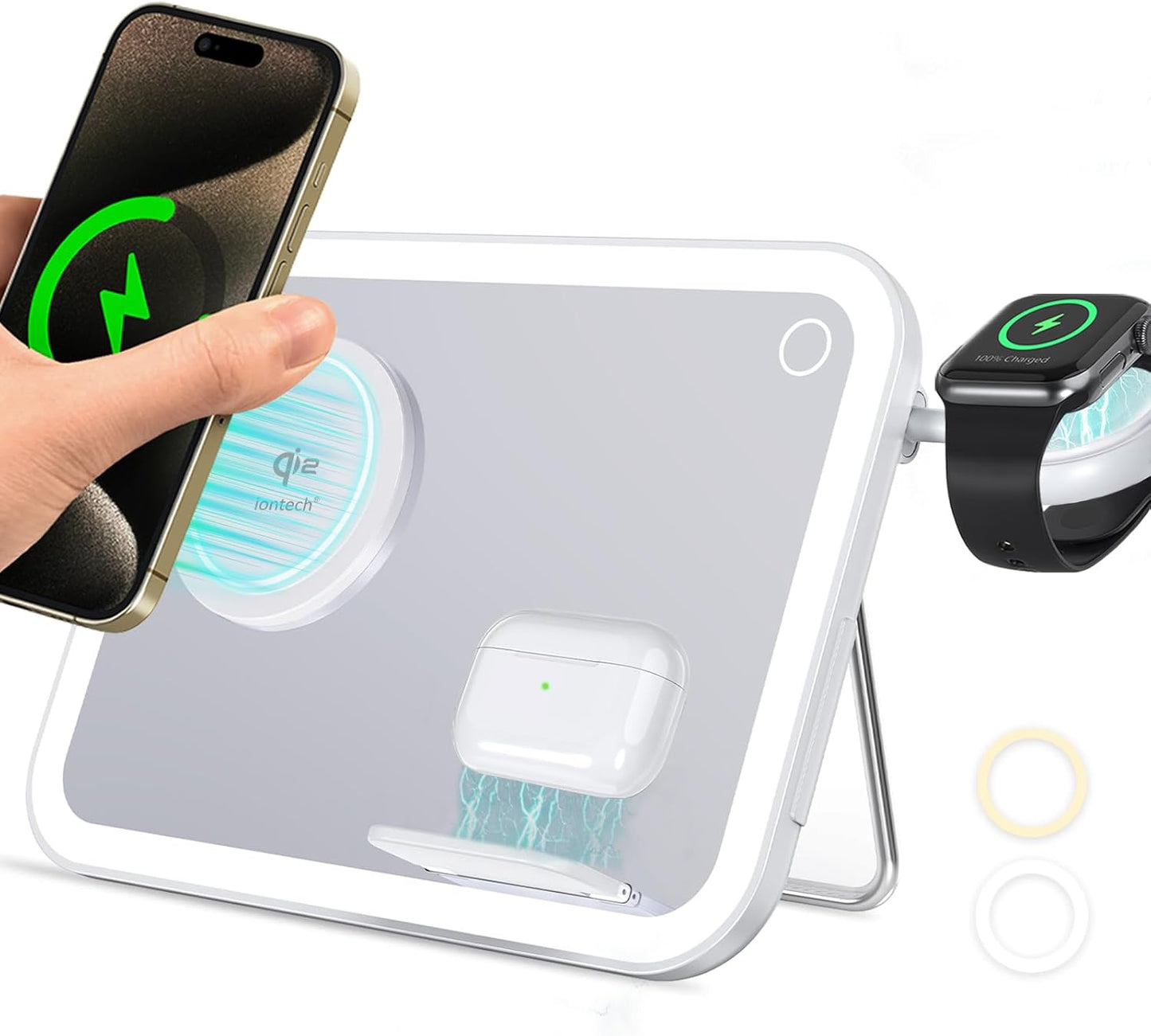 4 in 1 Magsafe-Compatible Charging Stat,15W with Qi2 Certified Wireless Charger,Magnetic Phone Holder & Mirror,Charging Stat for Multiple Devices Apple Watch Airpods, Iphone 16 15 14 13