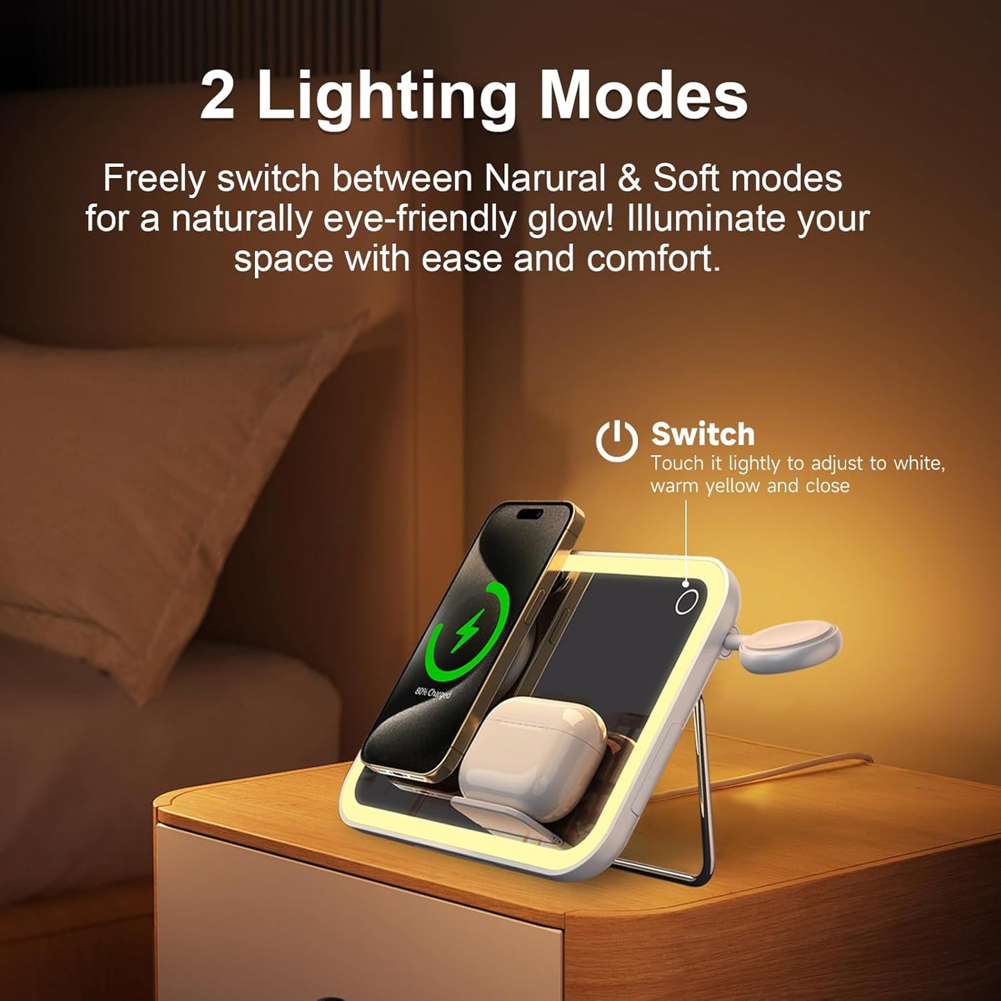 4 in 1 Magsafe-Compatible Charging Stat,15W with Qi2 Certified Wireless Charger,Magnetic Phone Holder & Mirror,Charging Stat for Multiple Devices Apple Watch Airpods, Iphone 16 15 14 13