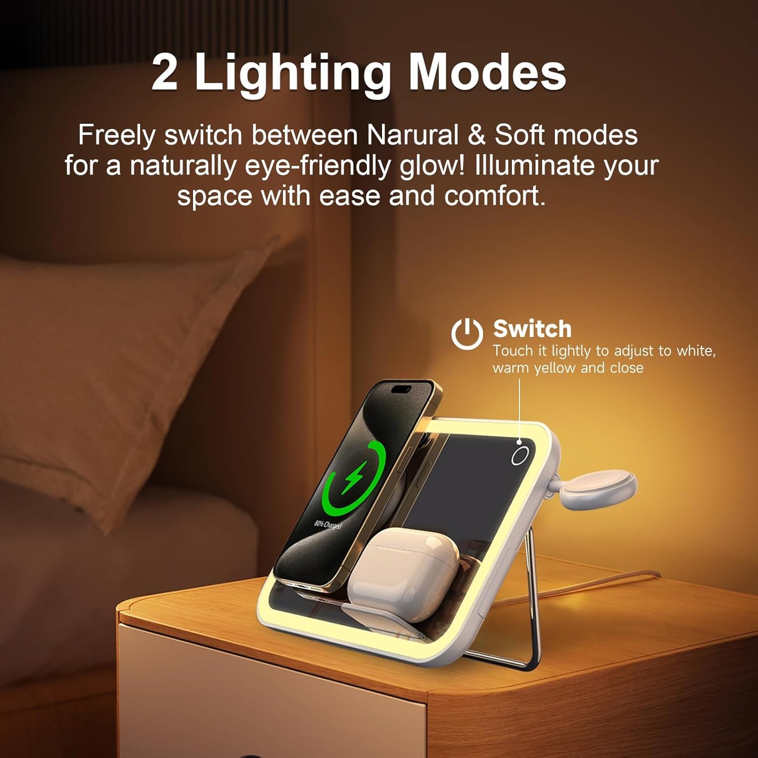 4 in 1 Magsafe-Compatible Charging Stat,15W with Qi2 Certified Wireless Charger,Magnetic Phone Holder & Mirror,Charging Stat for Multiple Devices Apple Watch Airpods, Iphone 16 15 14 13