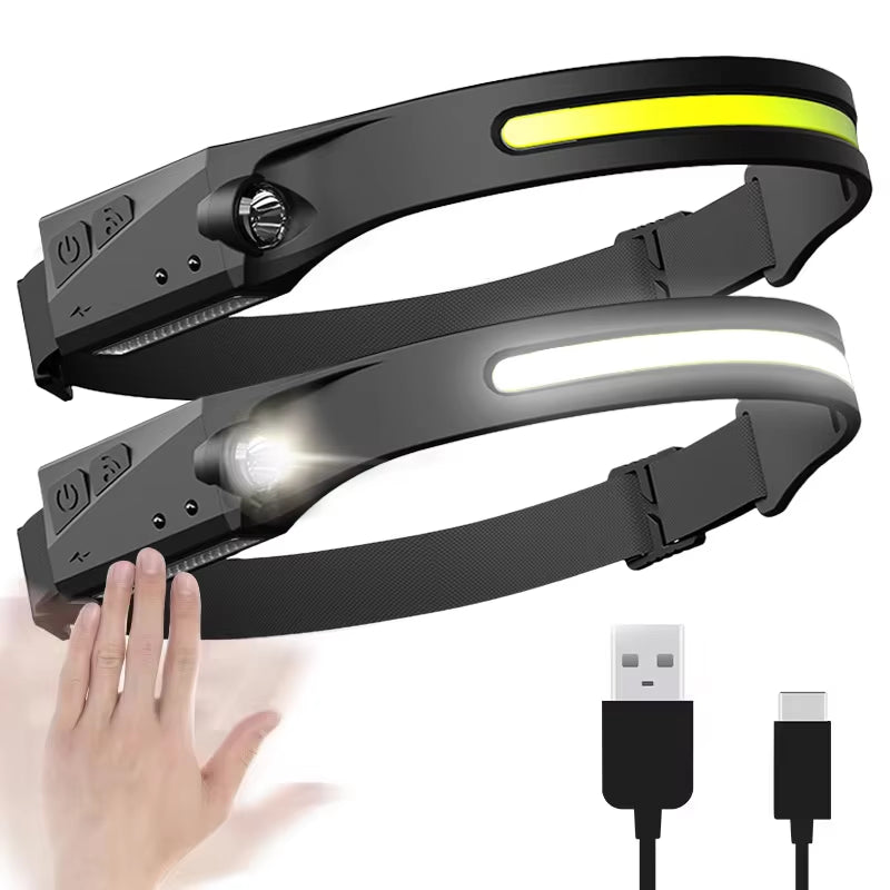  Induction Headlamp with Sensor - USB Rechargeable COB LED Headlight, 5 Modes Hands-Free Head Torch for Running & Camping