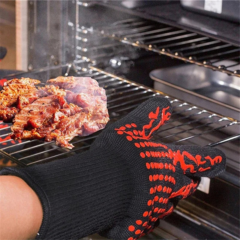 Flame Retardant Non-slip BBQ Fire Gloves Microwave Oven Gloves Oven Mitts Fireproof 300-500 Centigrade Extreme Heat Resistant