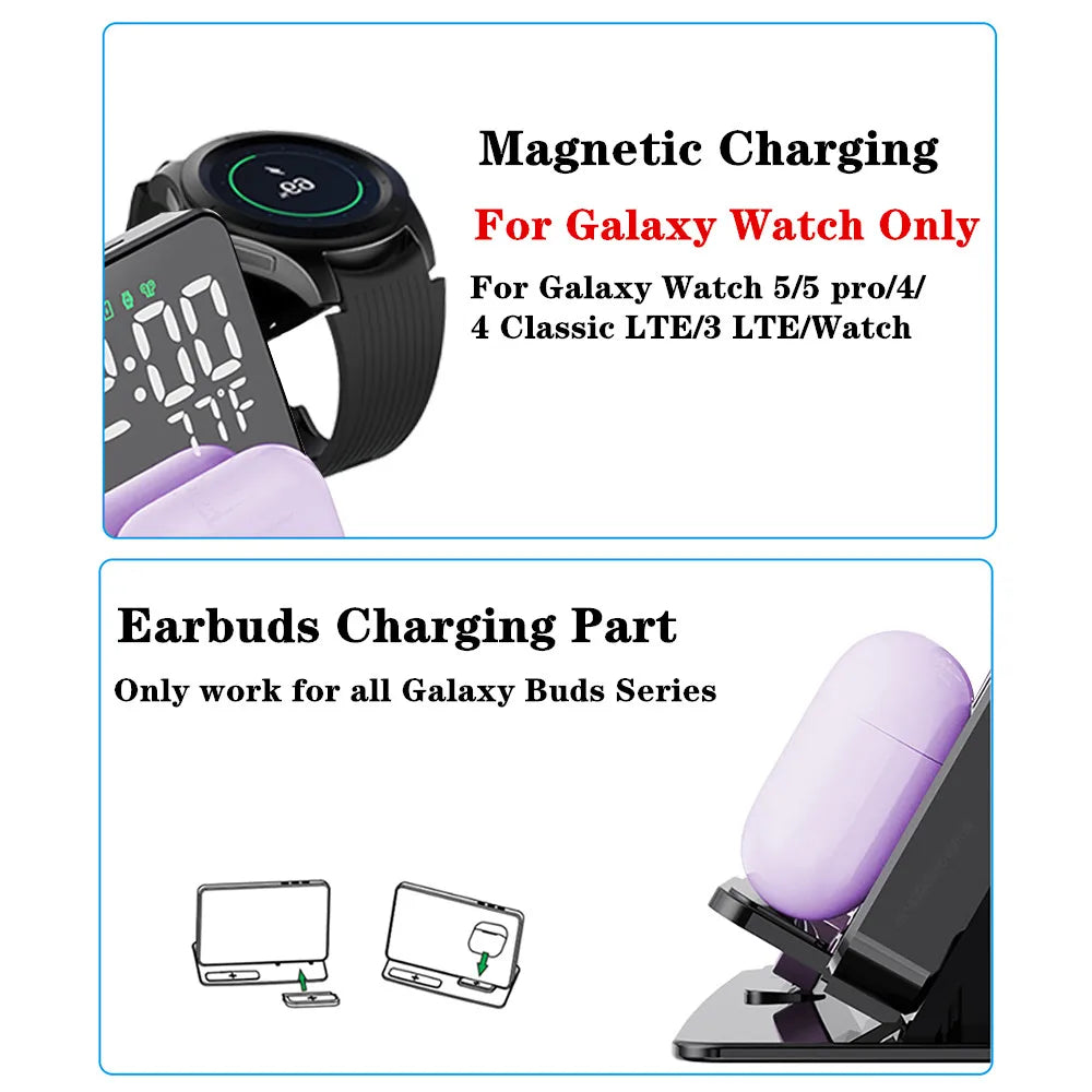 3 in 1 Wireless Charger For Samsung Galaxy Watch 6 5 Pro Fast Charging Station For Galaxy S24 S23 S22 Alarm Clock Chargers Stand