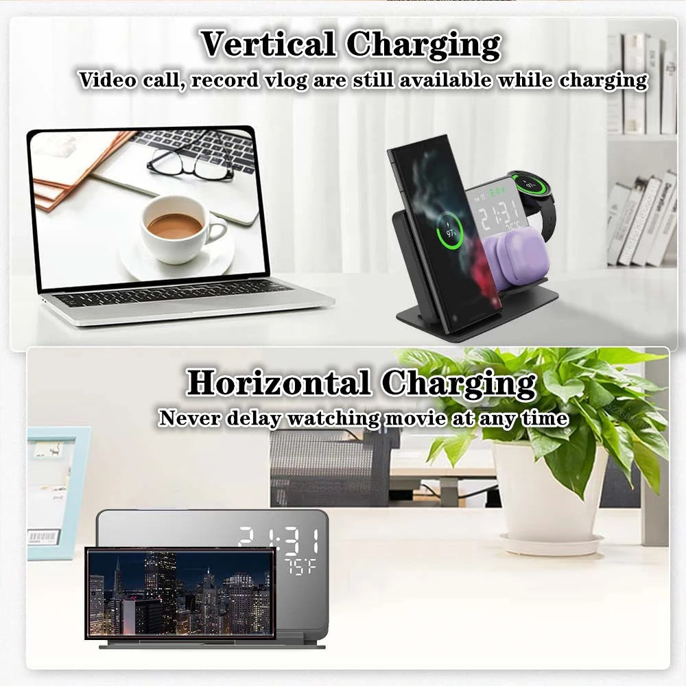 3 in 1 Wireless Charger For Samsung Galaxy Watch 6 5 Pro Fast Charging Station For Galaxy S24 S23 S22 Alarm Clock Chargers Stand