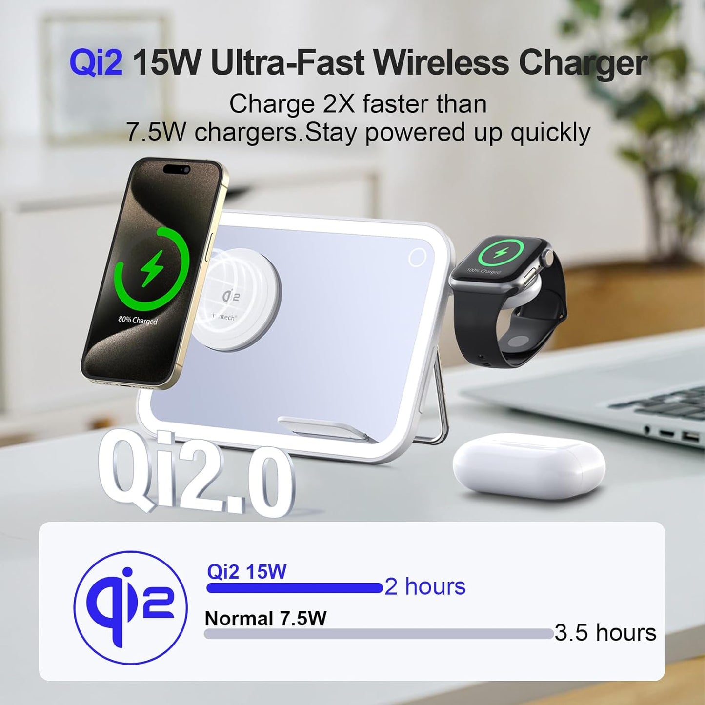 4 in 1 Magsafe-Compatible Charging Stat,15W with Qi2 Certified Wireless Charger,Magnetic Phone Holder & Mirror,Charging Stat for Multiple Devices Apple Watch Airpods, Iphone 16 15 14 13