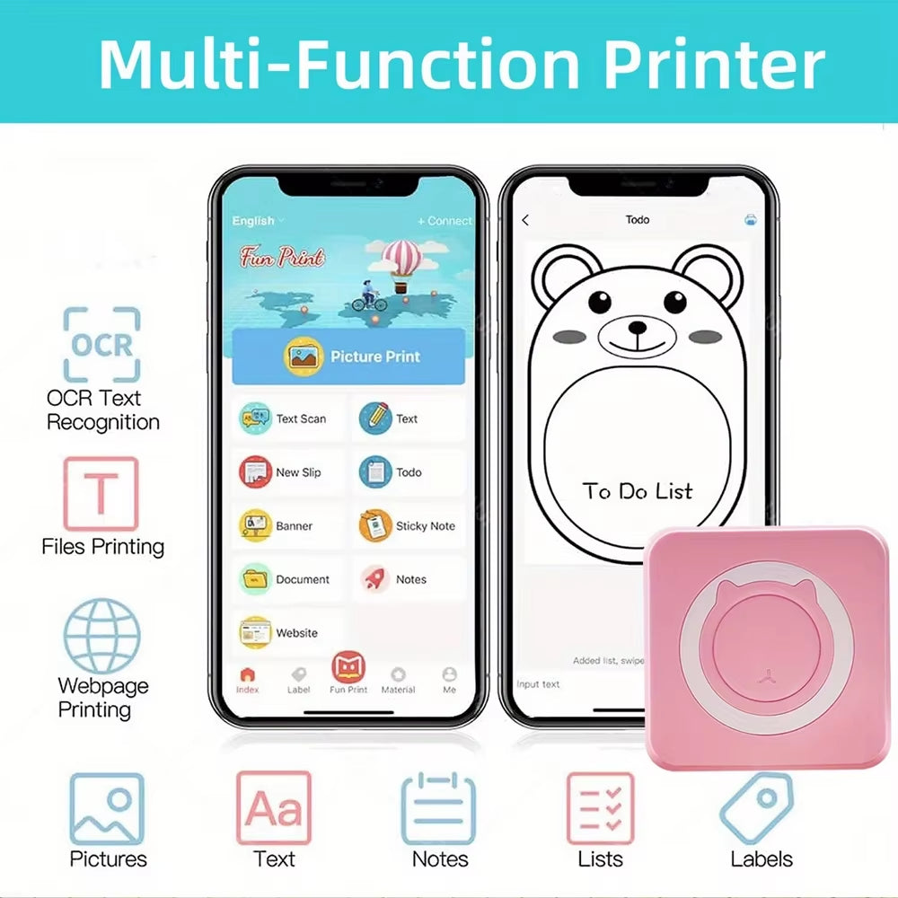 Mini Printer Compatible with IOS and Android, Wireless Mini Photo Printer Label Printer, Portable BT Mini Thermal Printer