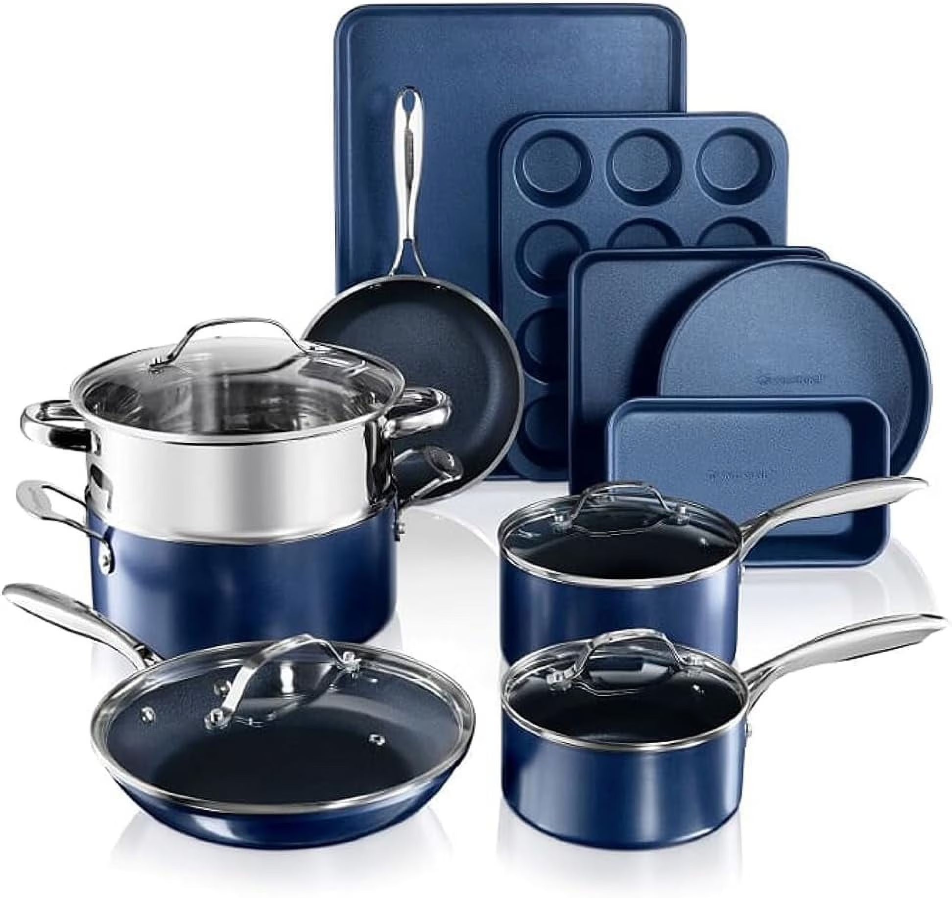 15 Pc Kitchen Pots and Pans Set Non Stick, Pot and Pan Set with Bakeware Set, Nonstick Cookware Set, Diamond Coated Non Stick Bakeware Set, Dishwasher Safe - Blue