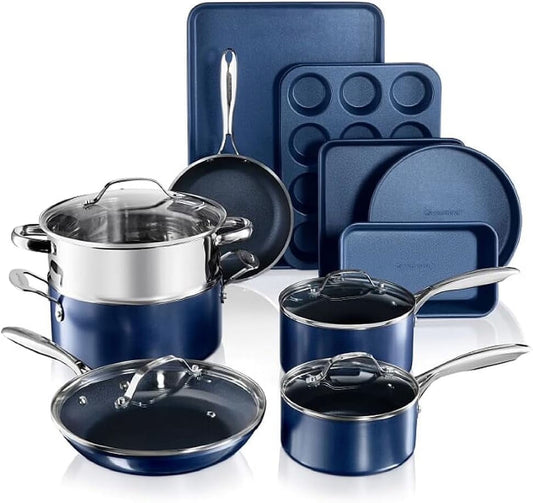 15 Pc Kitchen Pots and Pans Set Non Stick, Pot and Pan Set with Bakeware Set, Nonstick Cookware Set, Diamond Coated Non Stick Bakeware Set, Dishwasher Safe - Blue