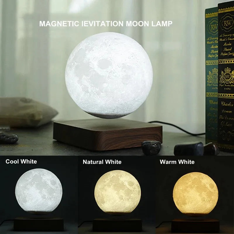 Levitating Moon Lamp Night Light Floating 3D Printing LED Moon Lamp with Wooden Base and Magnetic with 3 Colors