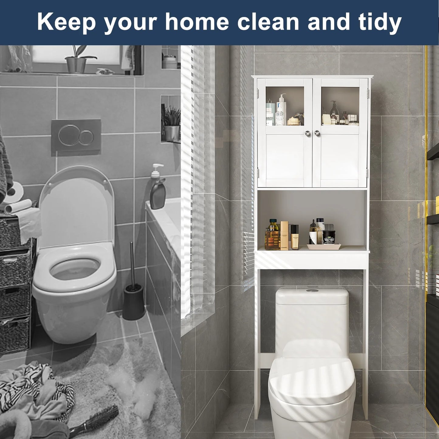 over the Toilet Bathroom Storage Cabinet with 2 Doors & 3 Storage Shelves Space Saver, White