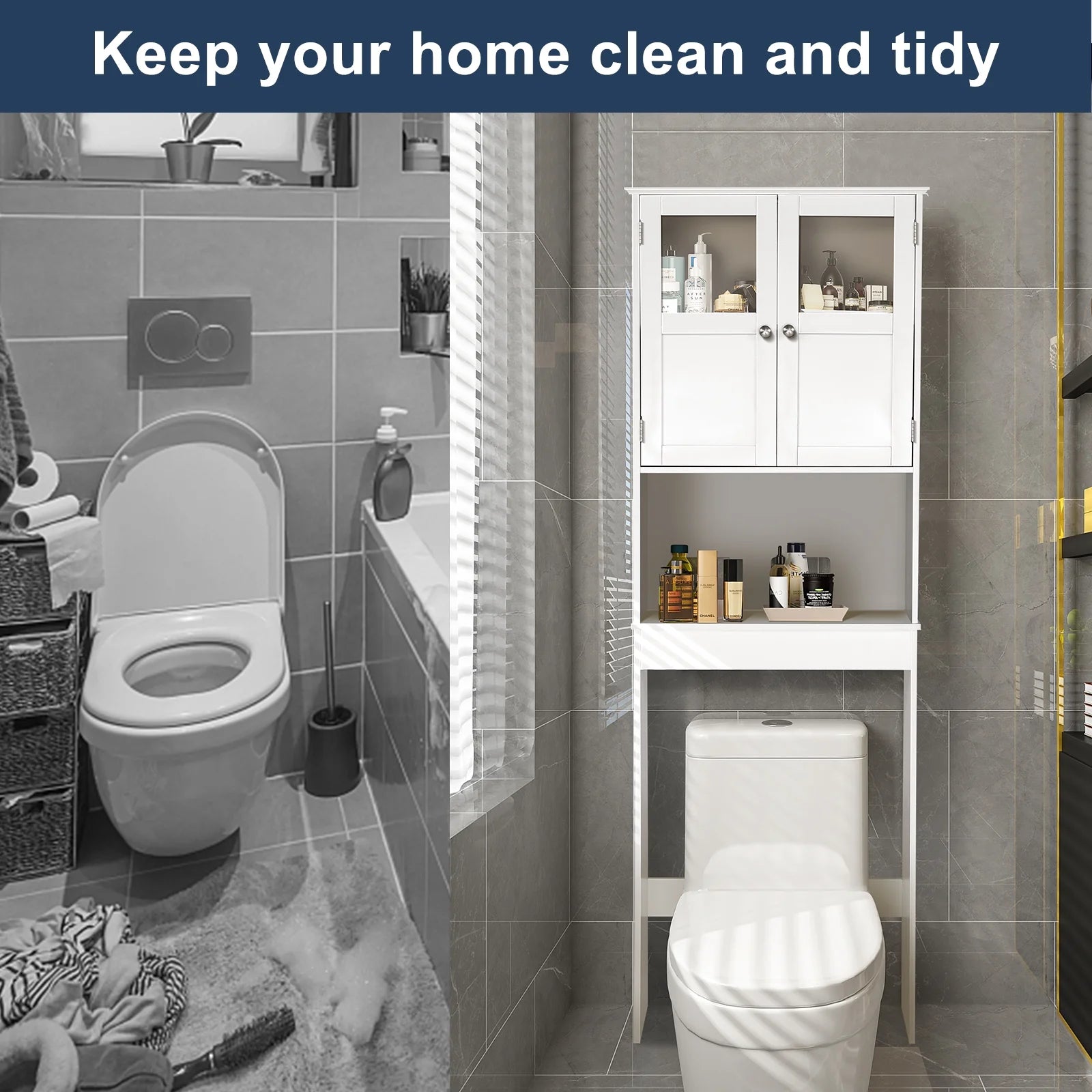 over the Toilet Bathroom Storage Cabinet with 2 Doors & 3 Storage Shelves Space Saver, White