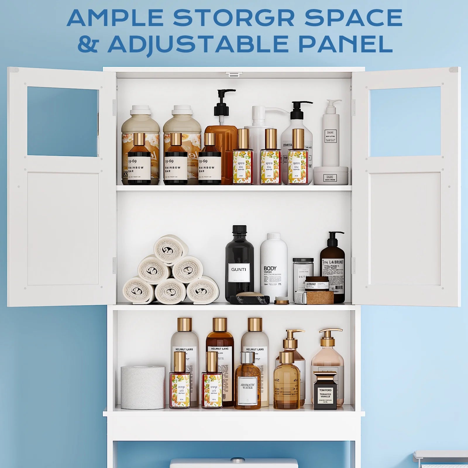 over the Toilet Bathroom Storage Cabinet with 2 Doors & 3 Storage Shelves Space Saver, White