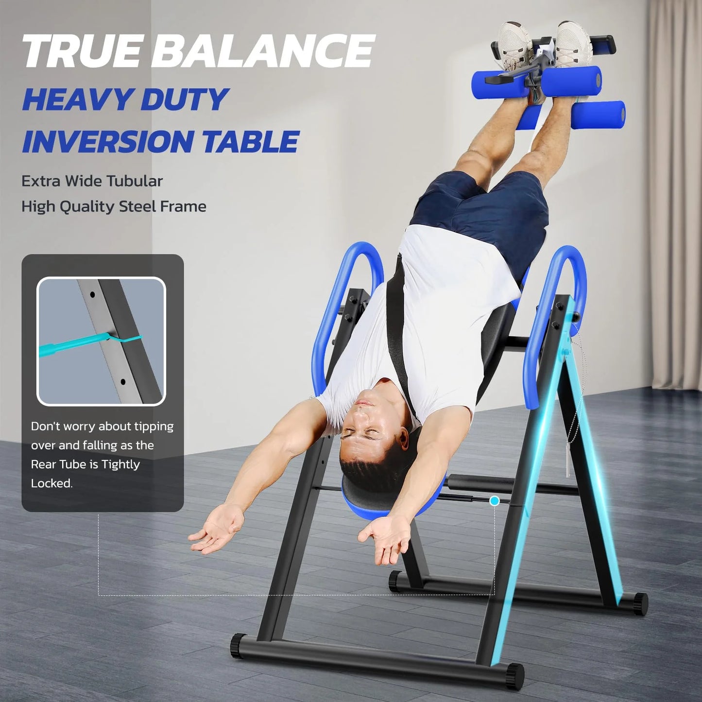 Heavy Duty Inversion Table, 300Lb Capacity Back Therapy Reflexology Heavy Duty Foldable Steel Back Stretcher Machine  Table ,Blue