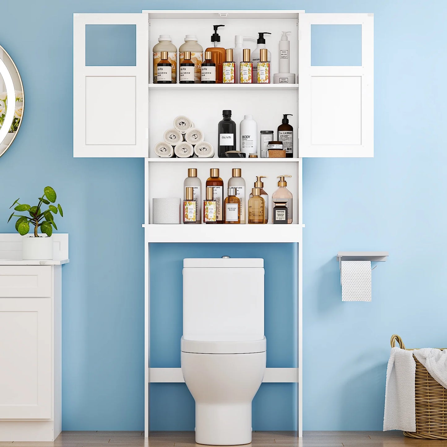 over the Toilet Bathroom Storage Cabinet with 2 Doors & 3 Storage Shelves Space Saver, White